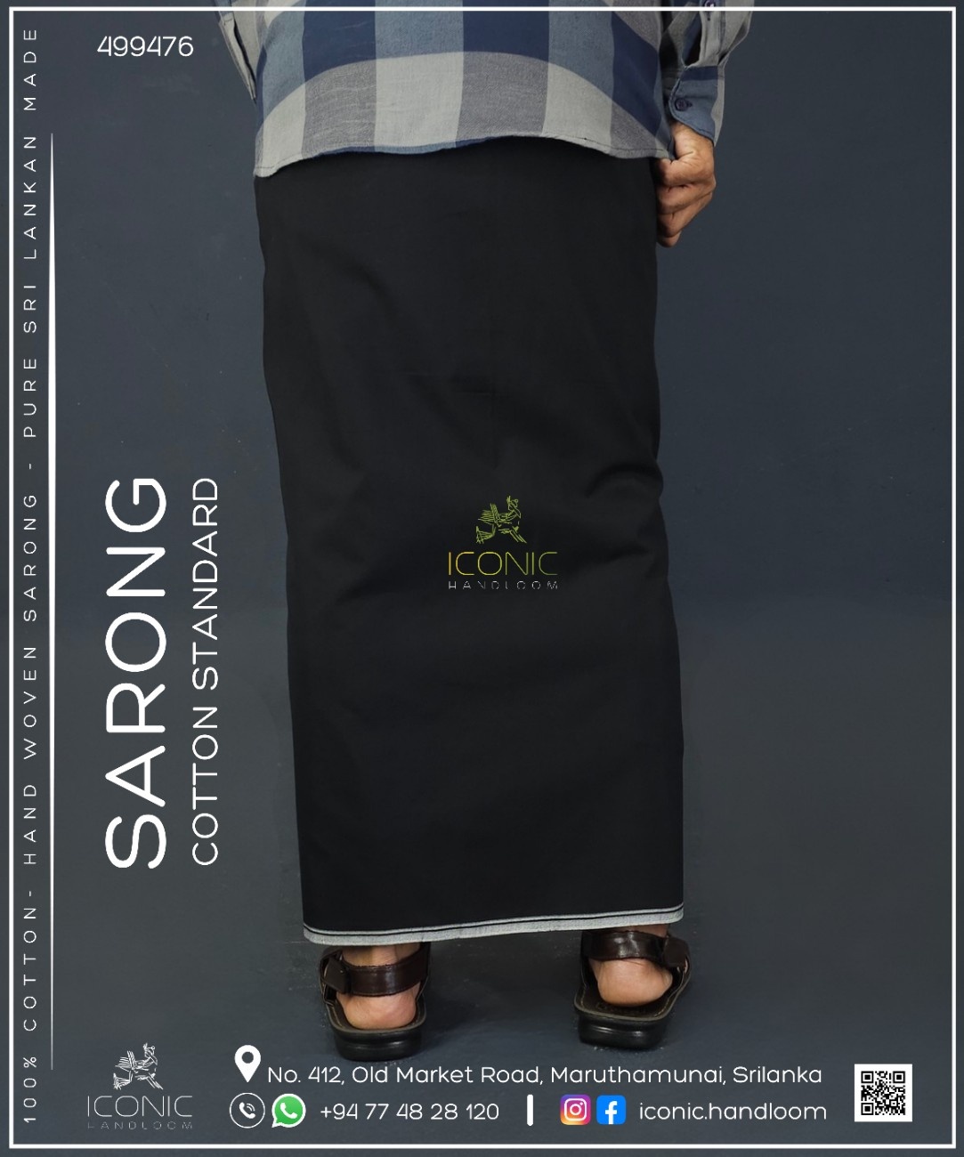 Handloom Cotton Sarong – Black with Silver Border-  ICS - 499476