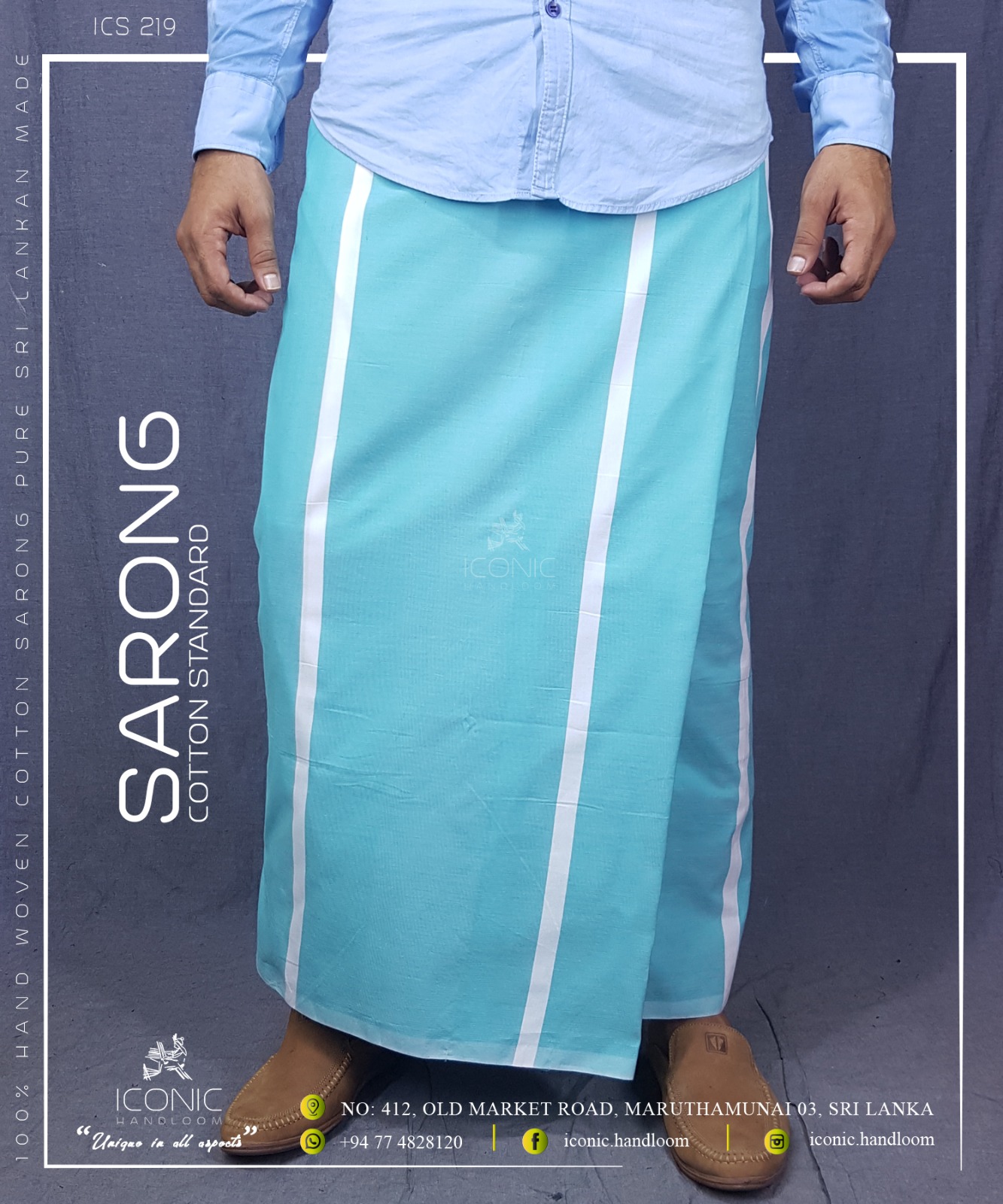 Handloom Cotton Sarong -  White Stripes in Cyan