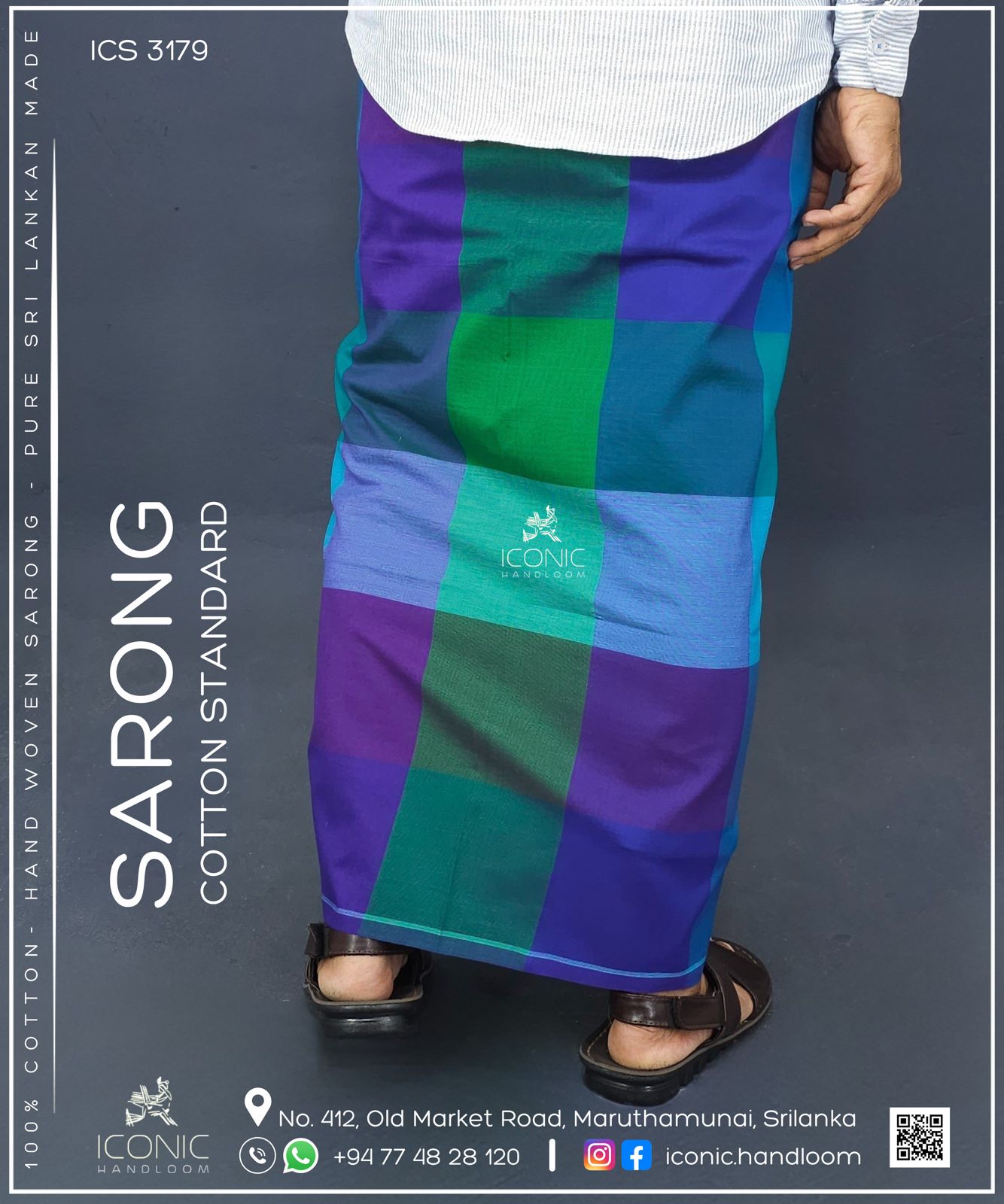 Handloom Cotton Sarong -  Deep purple, emerald green, turquoise blue, sky blue & dark navy blue in check patterns