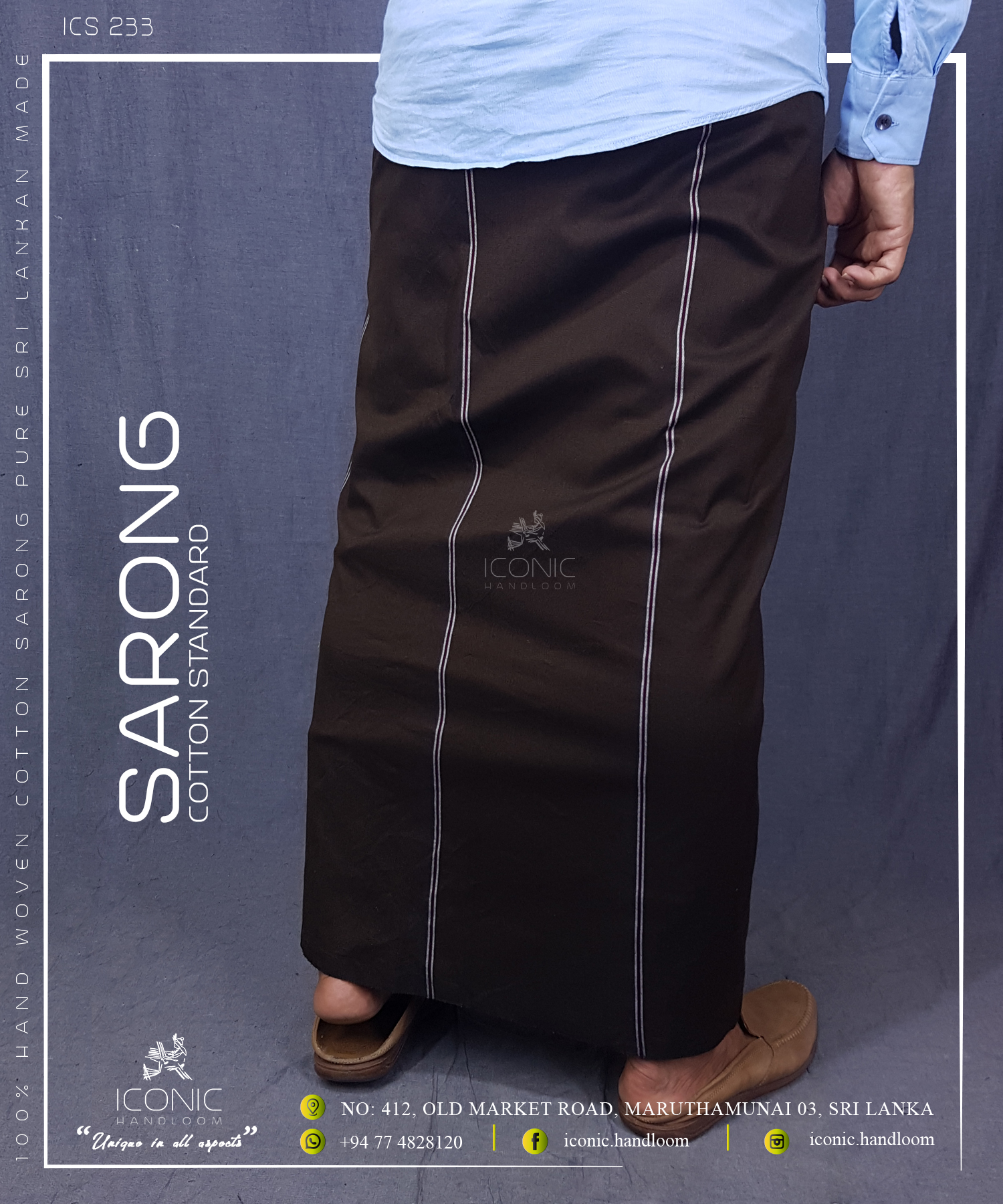 Handloom Cotton Sarong -  Silver & Maroon stripes in Dark Brown