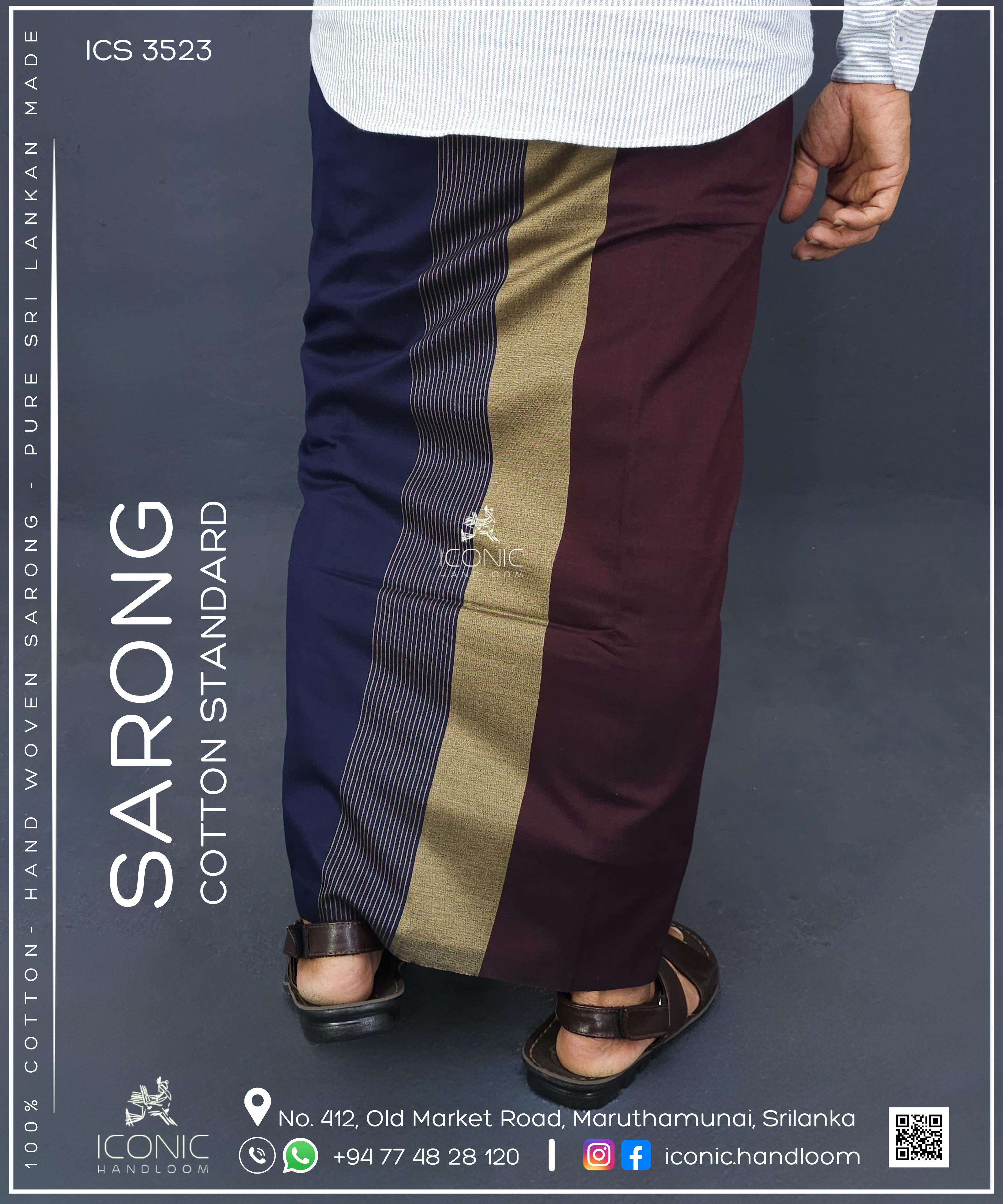 Handloom Cotton Sarong -  Golden beige stripes in Dark Blue & Rich Maroon