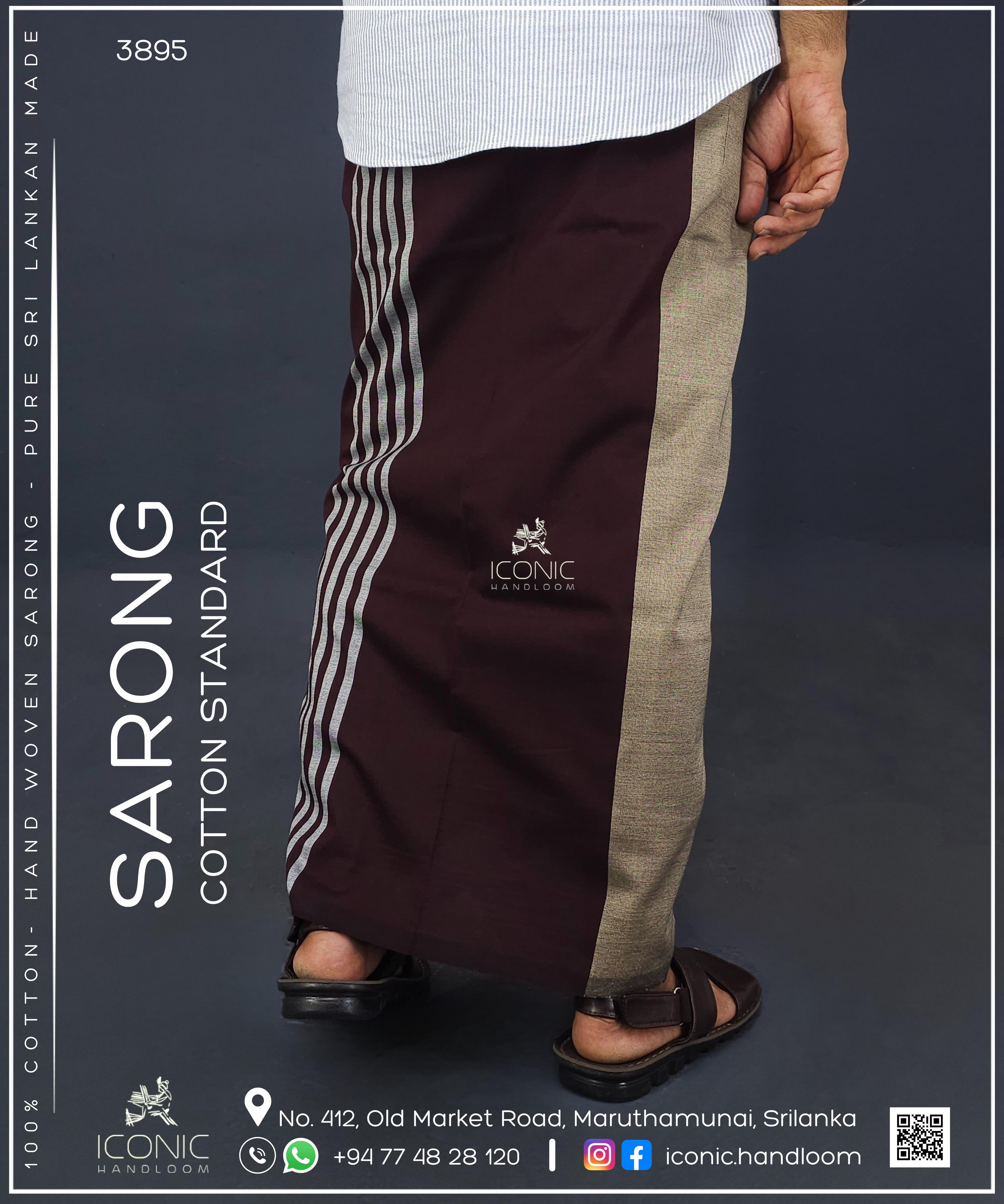 Handloom Cotton Sarong - Silver stripes in Dark Maroon with Beige & Dark Blue