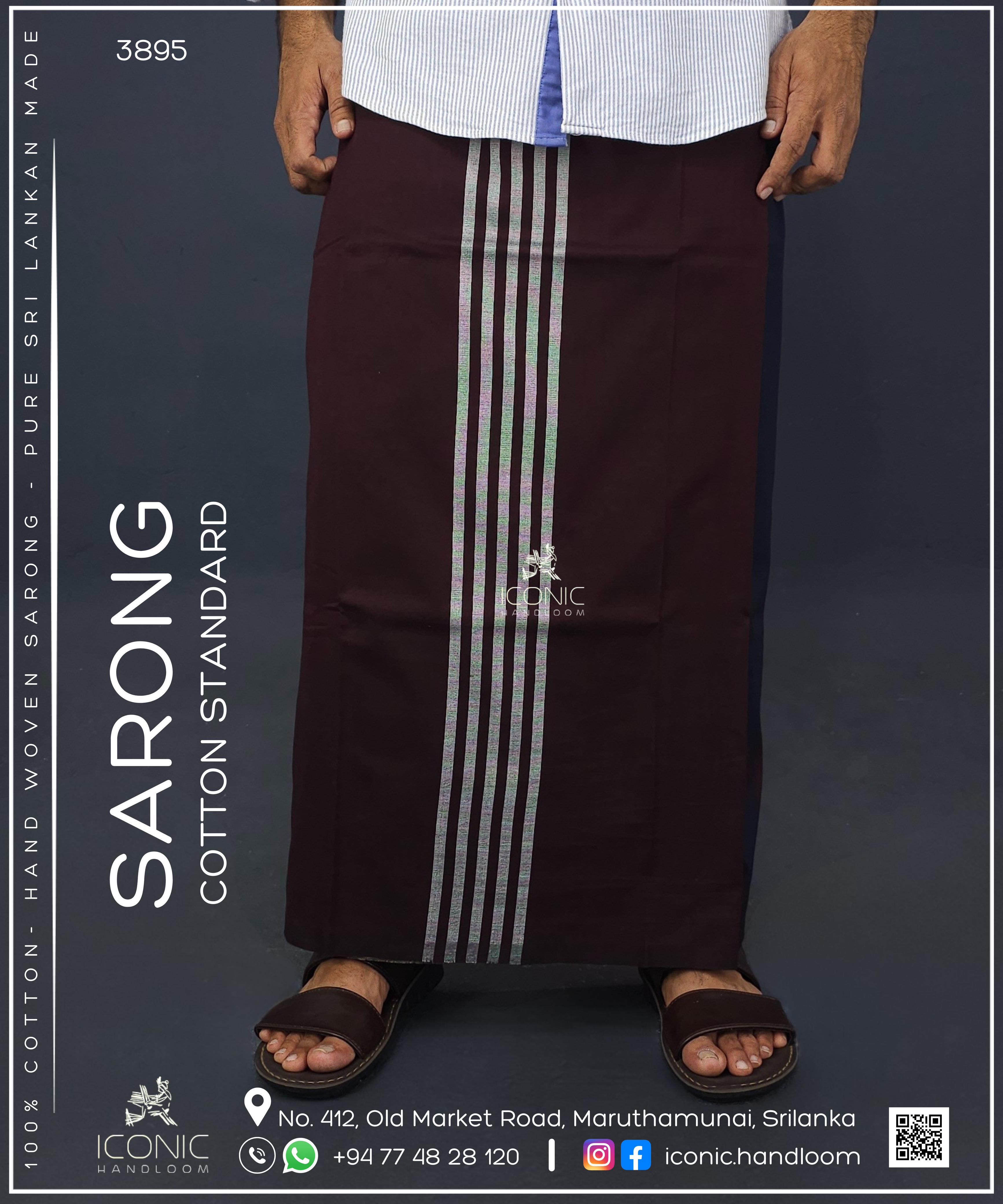 Handloom Cotton Sarong - Silver stripes in Dark Maroon with Beige & Dark Blue