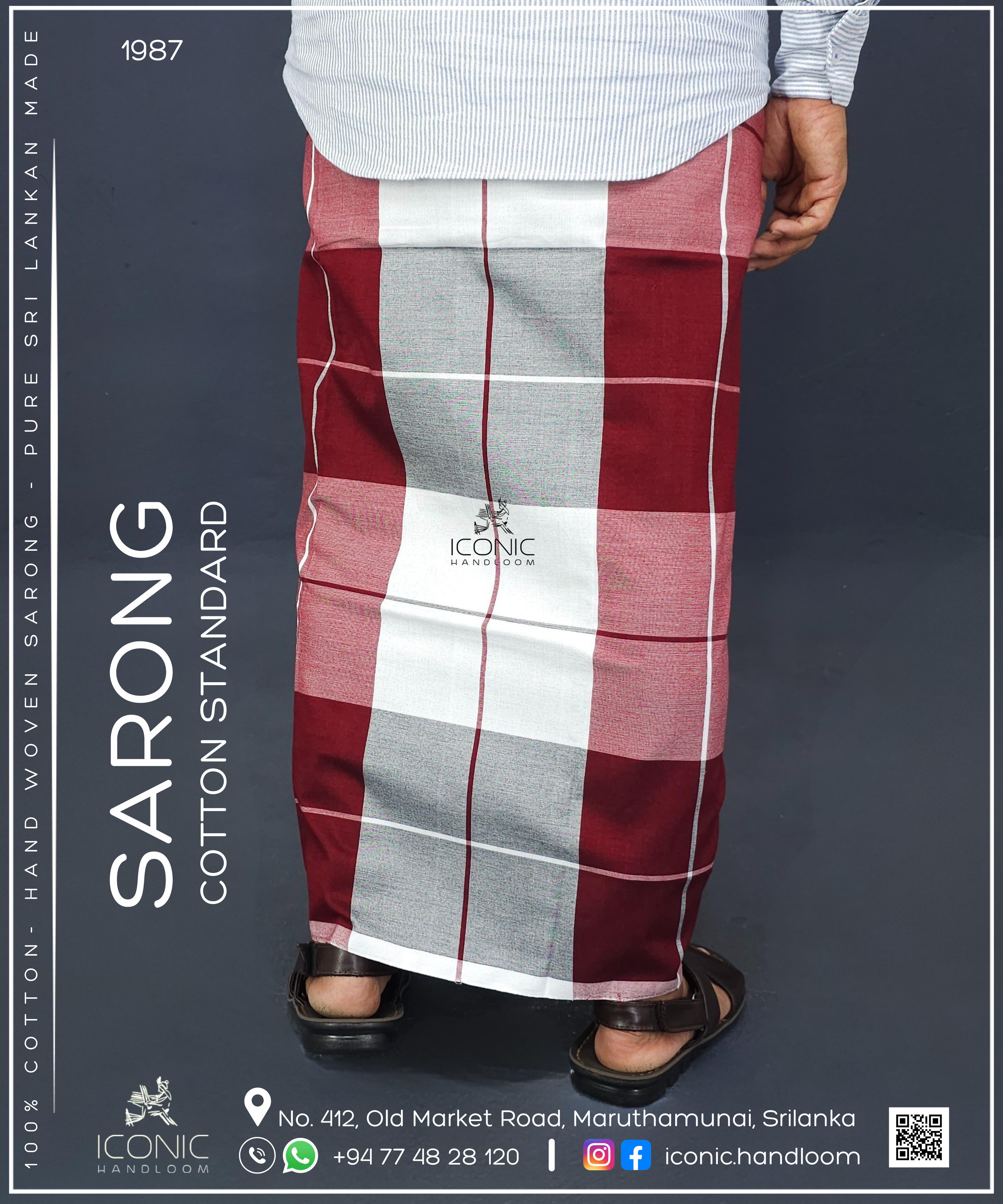 Handloom Cotton Sarong -  Maroon, White, Light Grey, Dark Grey & Light Red, accented with Red pinstripes in Checkered pattern.