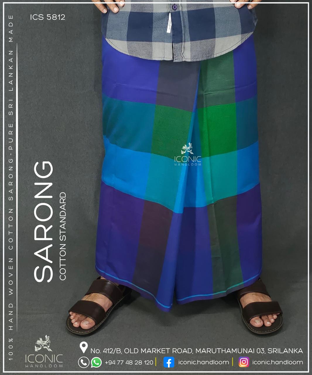Handloom Cotton Sarong -  Deep purple, Emerald green, Turquoise Blue, Sky Blue & Dark Navy Blue in check patterns 5812