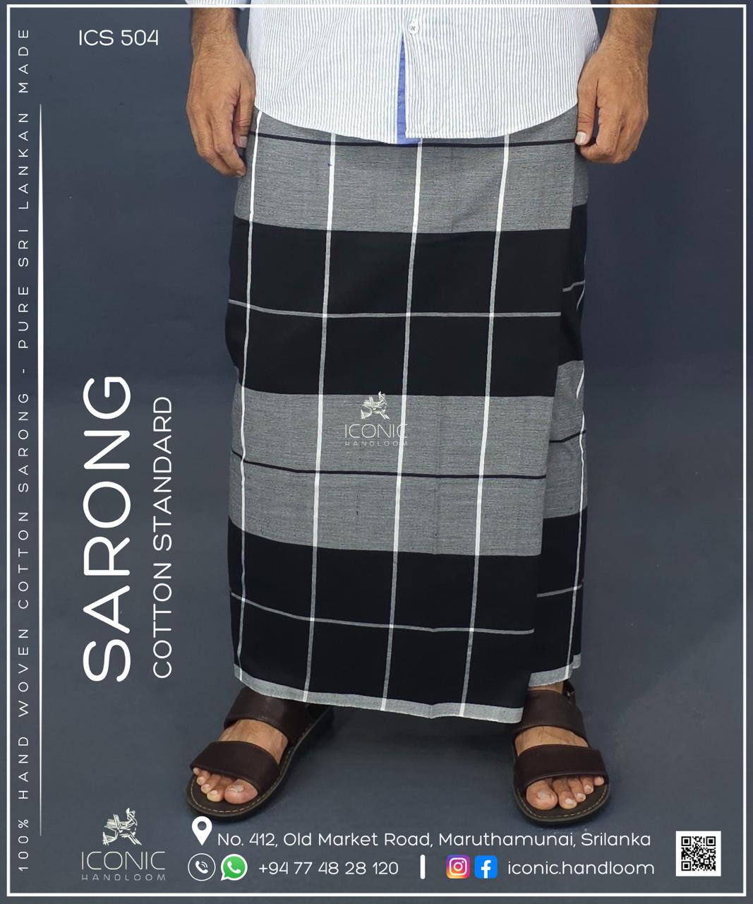 Handloom Cotton Sarong - Black and Grey with White Check Lines