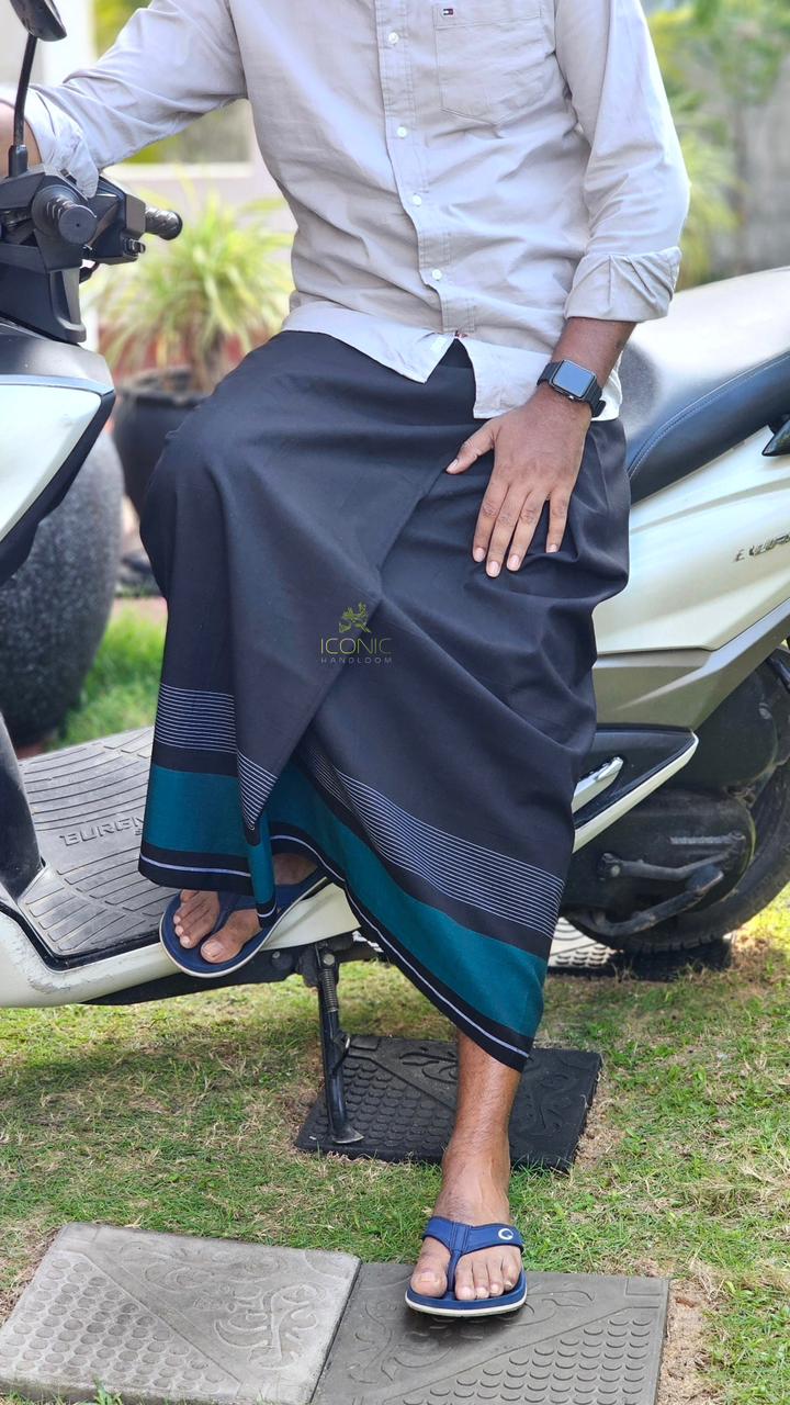 Handloom Cotton Sarong - Black with Teal Border and White Stripe Accent