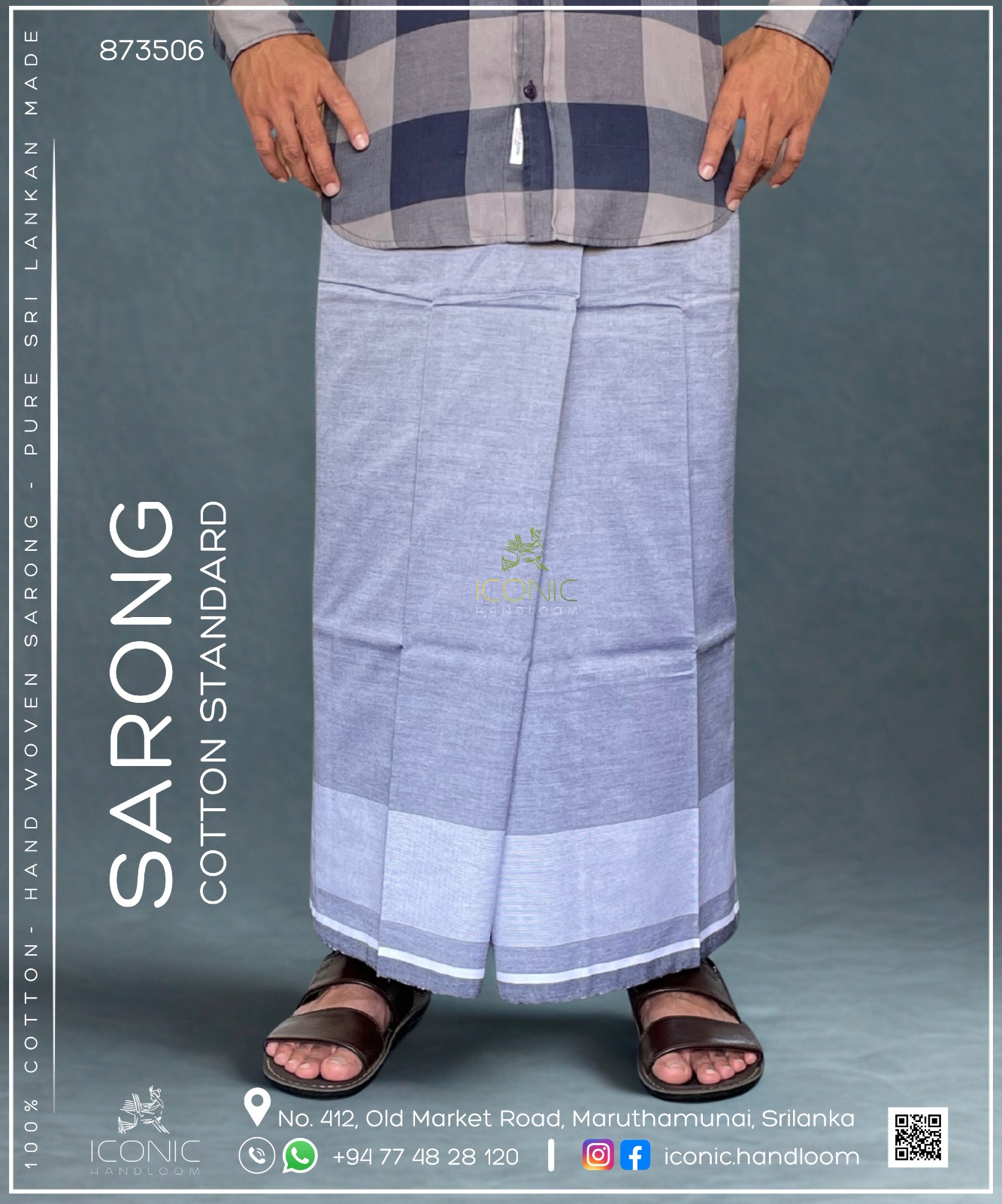 Handloom Cotton Sarong -  Silver with White bottom border 873506