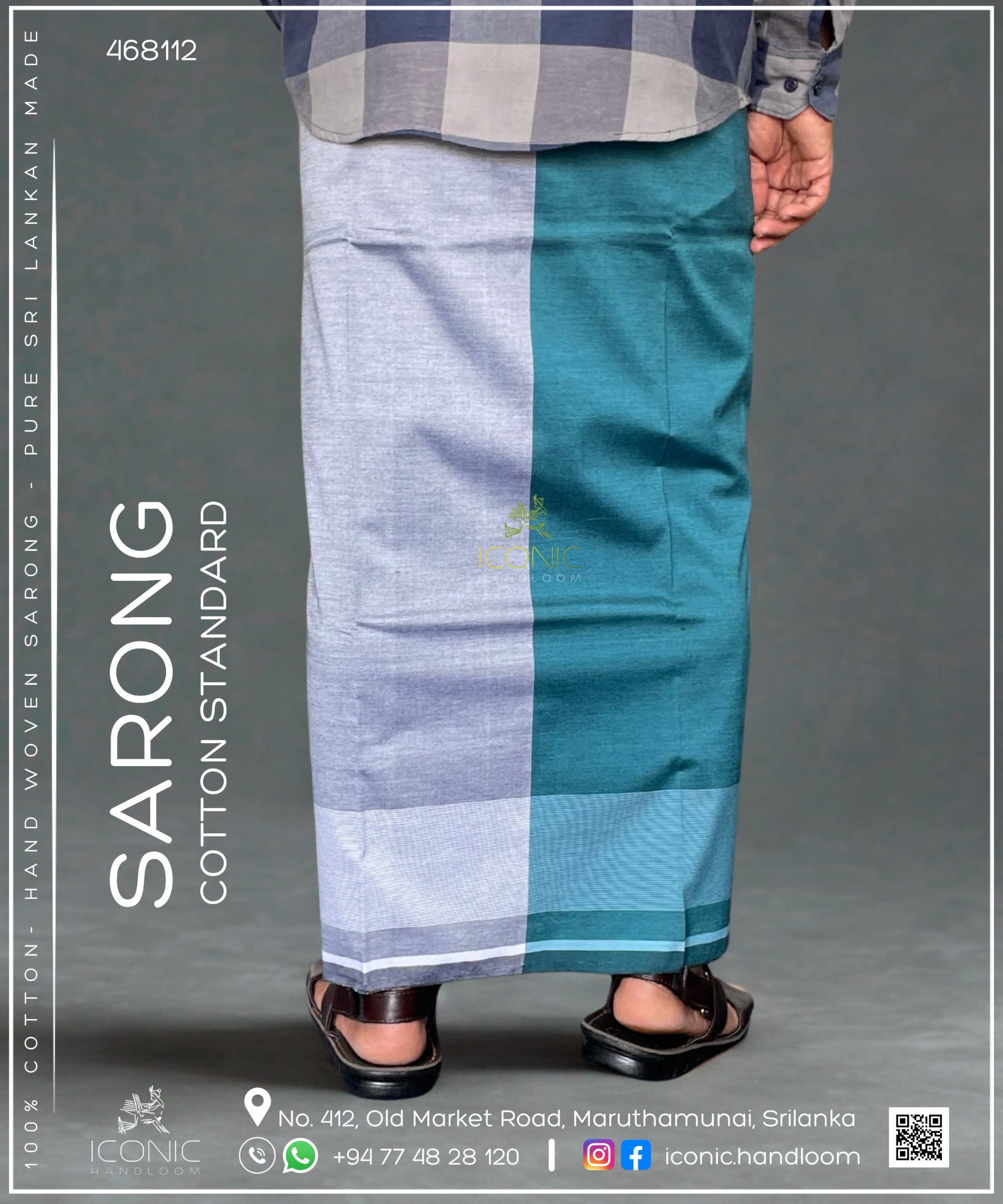 Handloom Cotton Sarong -  Two Tone -  Silver & Sea Blue with White & Light Blue bottom border