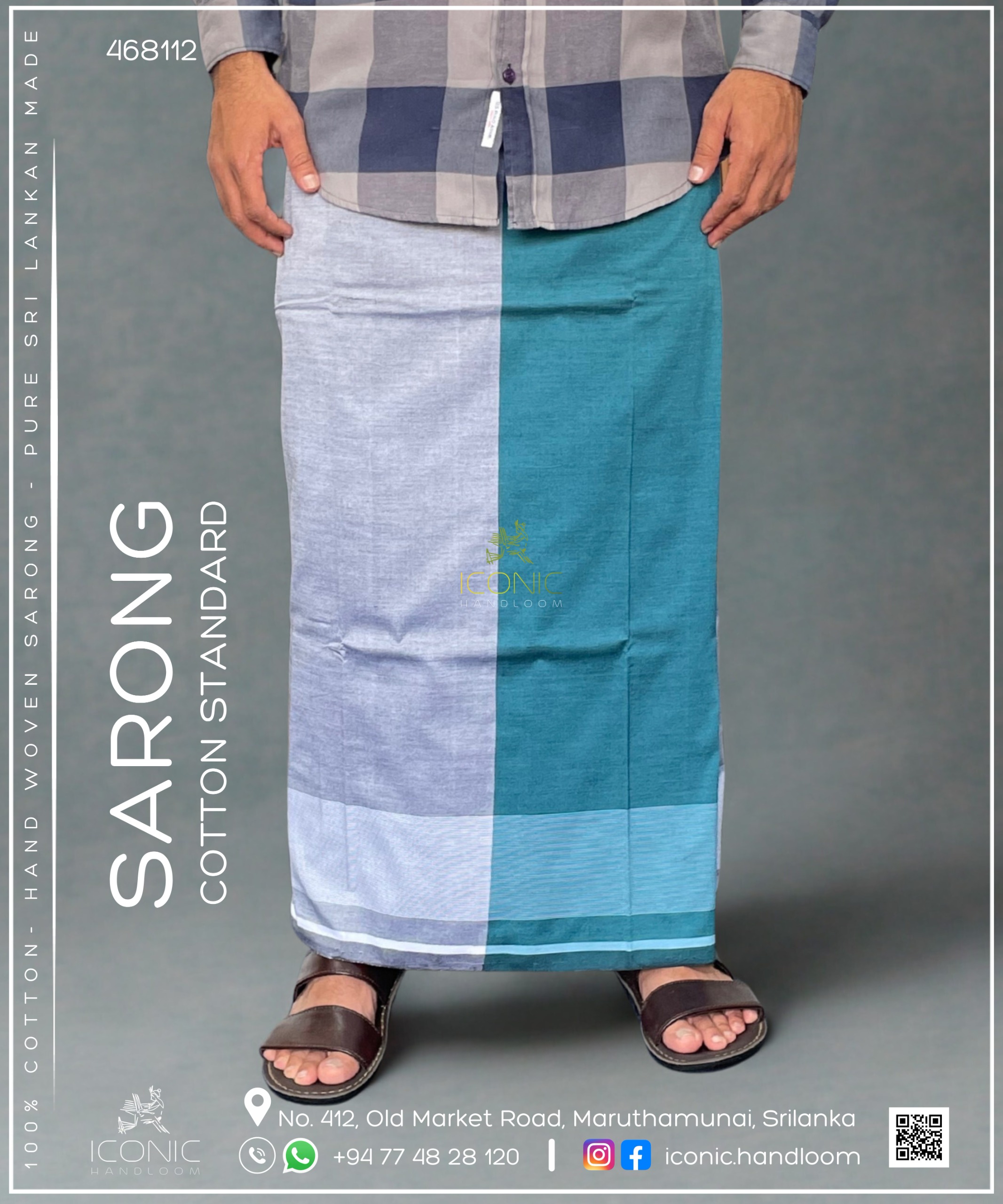 Handloom Cotton Sarong -  Two Tone -  Silver & Sea Blue with White & Light Blue bottom border