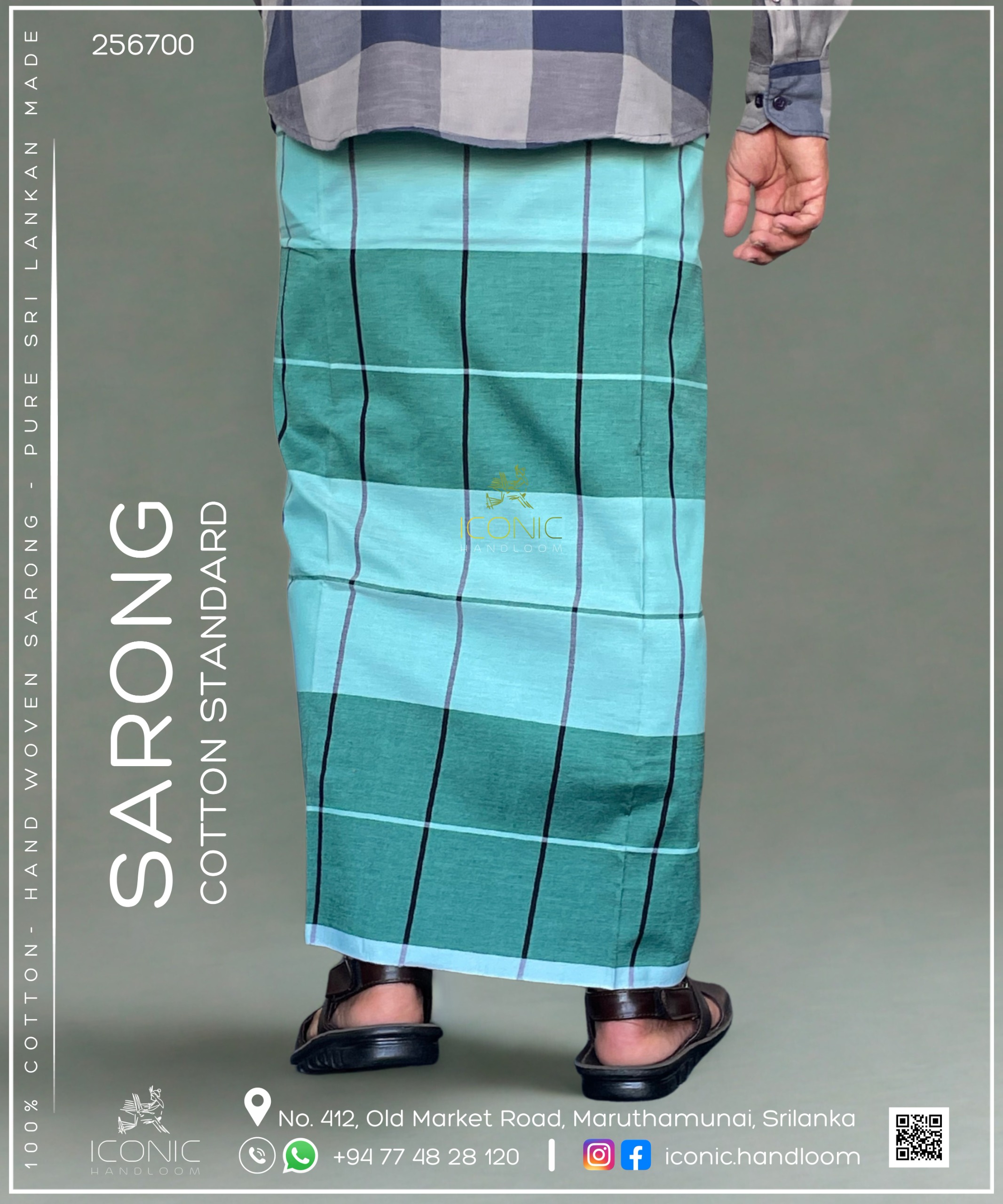 Handloom Cotton Sarong - Mint Green and Dark Teal Checks