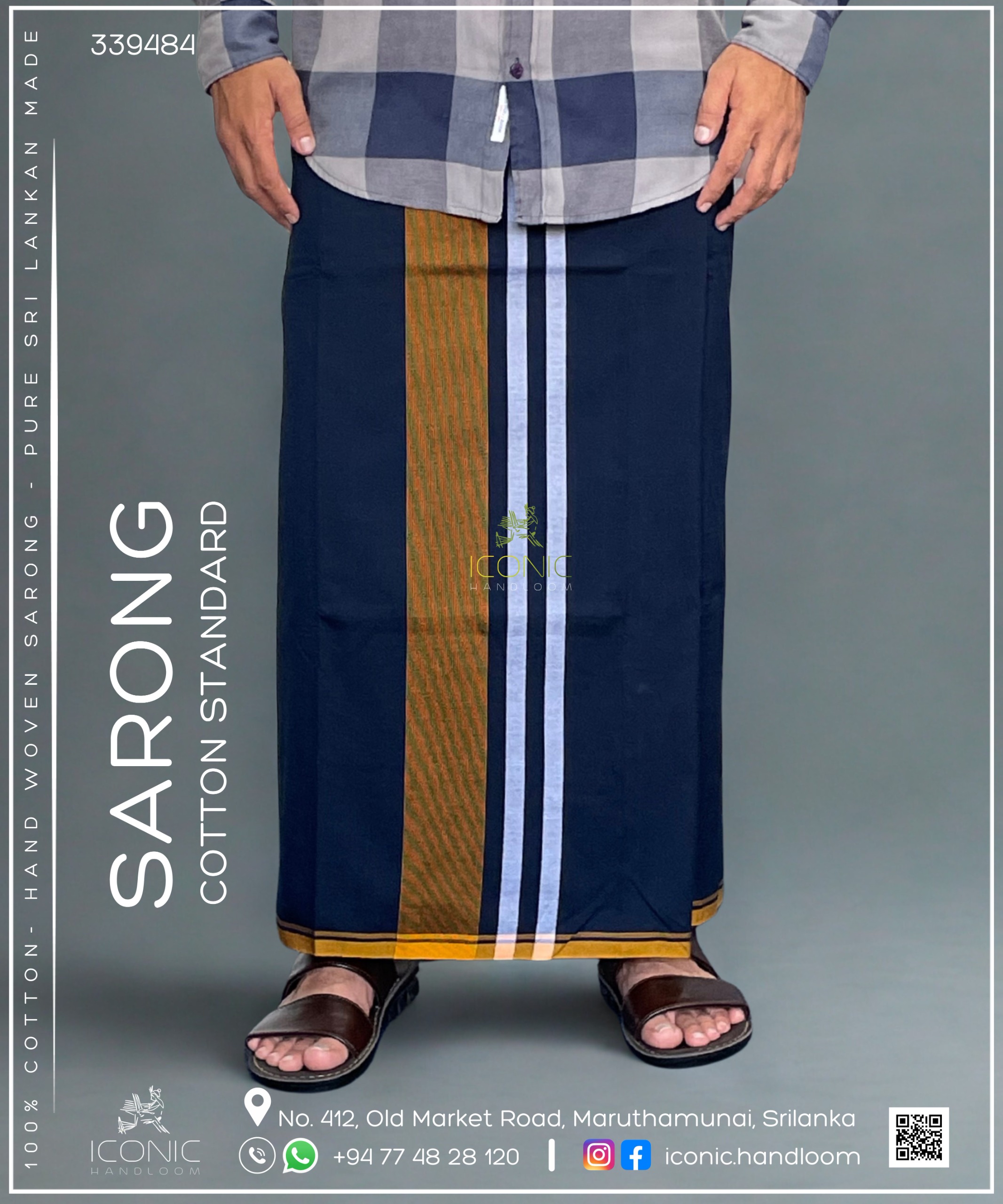 Handloom Cotton Sarong - Dark Blue with Golden yellow & SIlver 339484