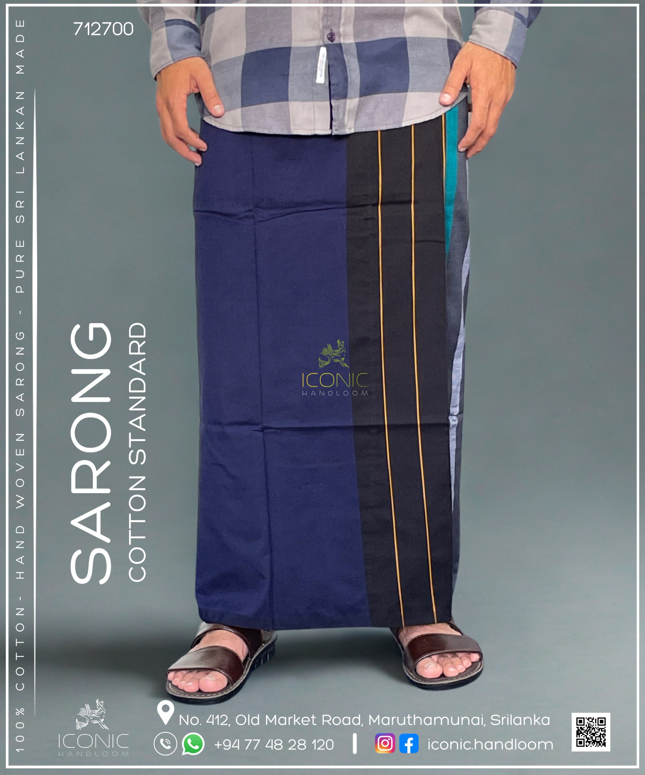 Handloom Cotton Sarong -  Silver & Golden Yellow stripes with Dark Grey, Peacock Green, Dark Blue & Black