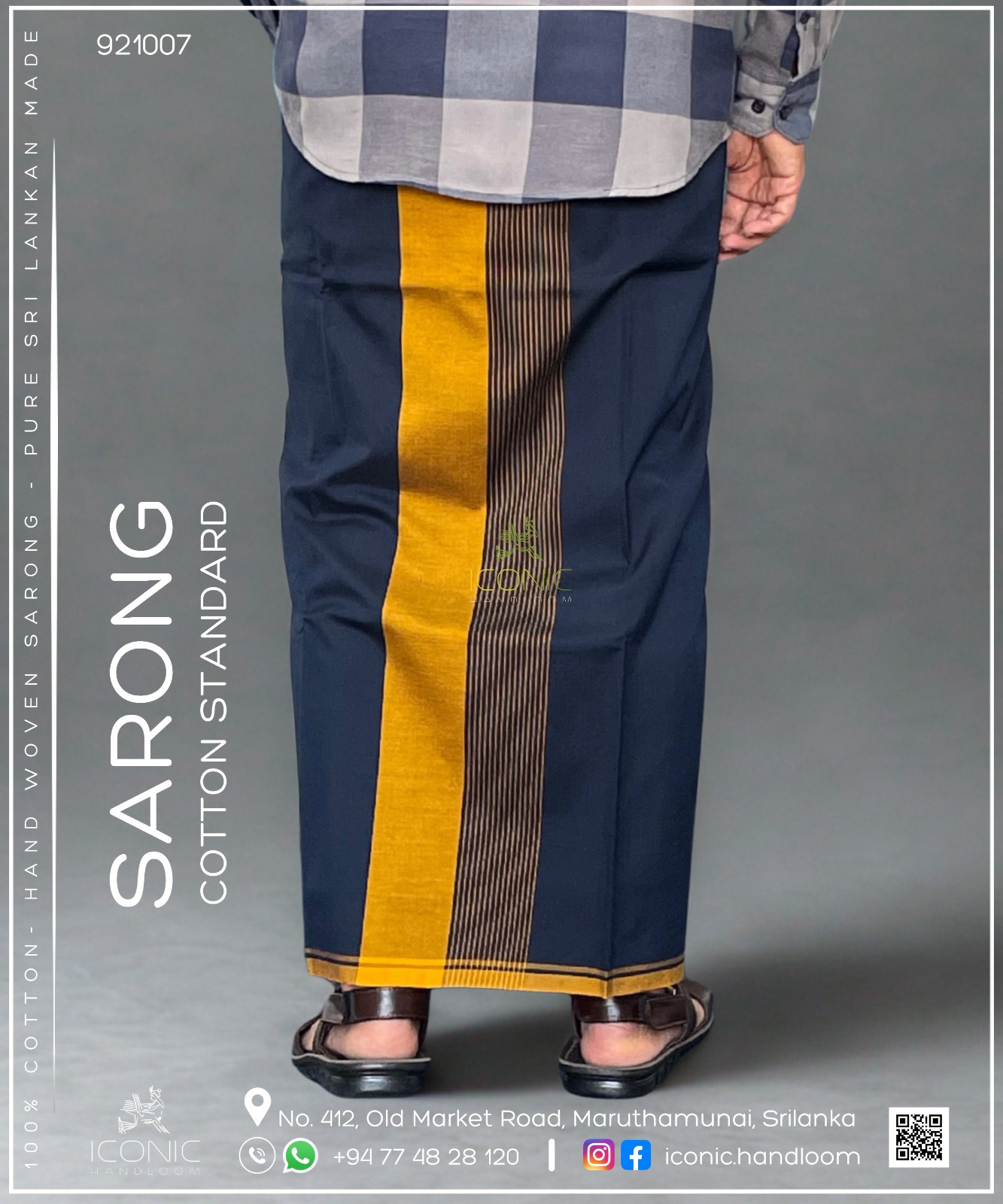 Handloom Cotton Sarong - Dark Blue with Golden yellow 921007