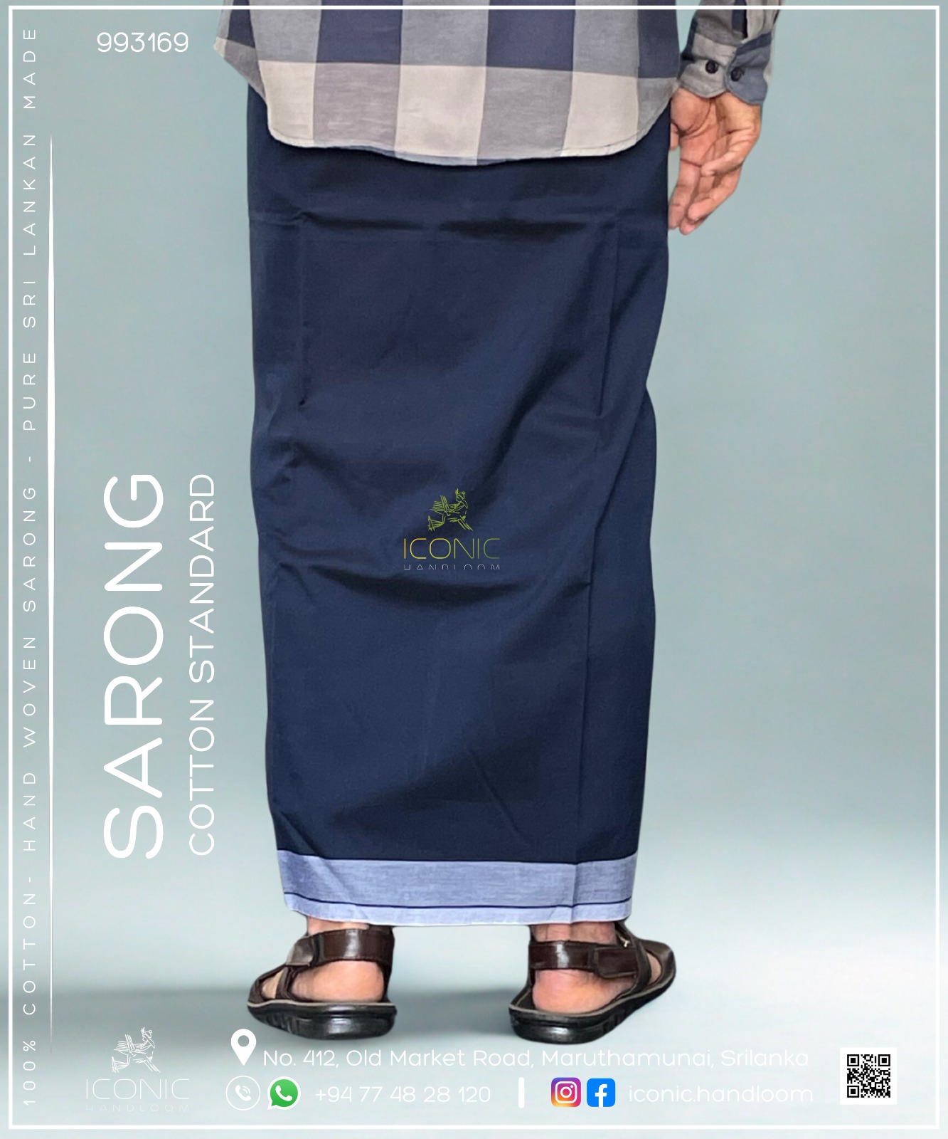 Handloom Cotton Sarong - Dark Blue with Light Grey border 993169
