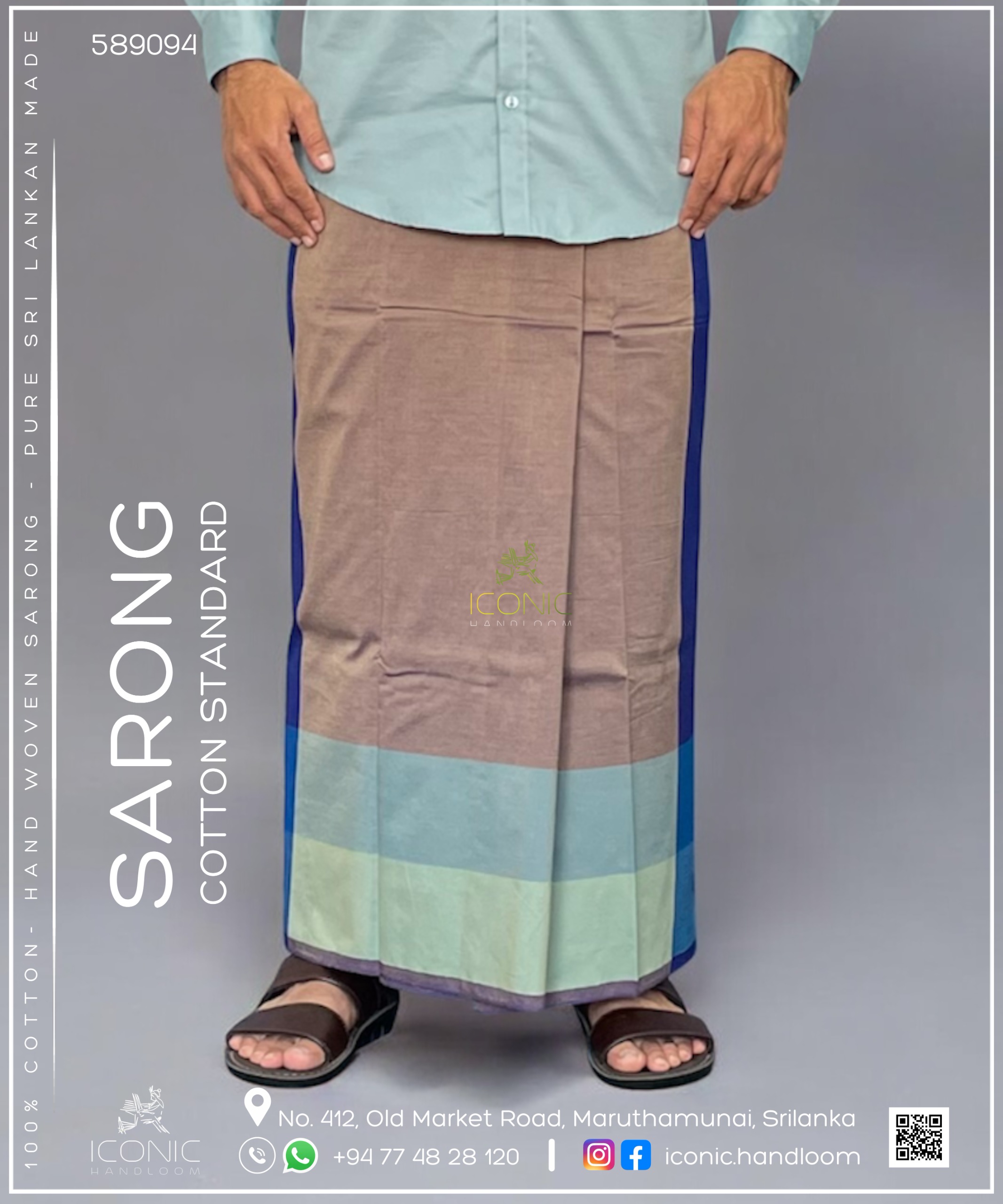 Handloom Cotton Sarong – Beige and Lavender with Royal Blue and White Striped Panel and Mint and Sky Blue Border 589094