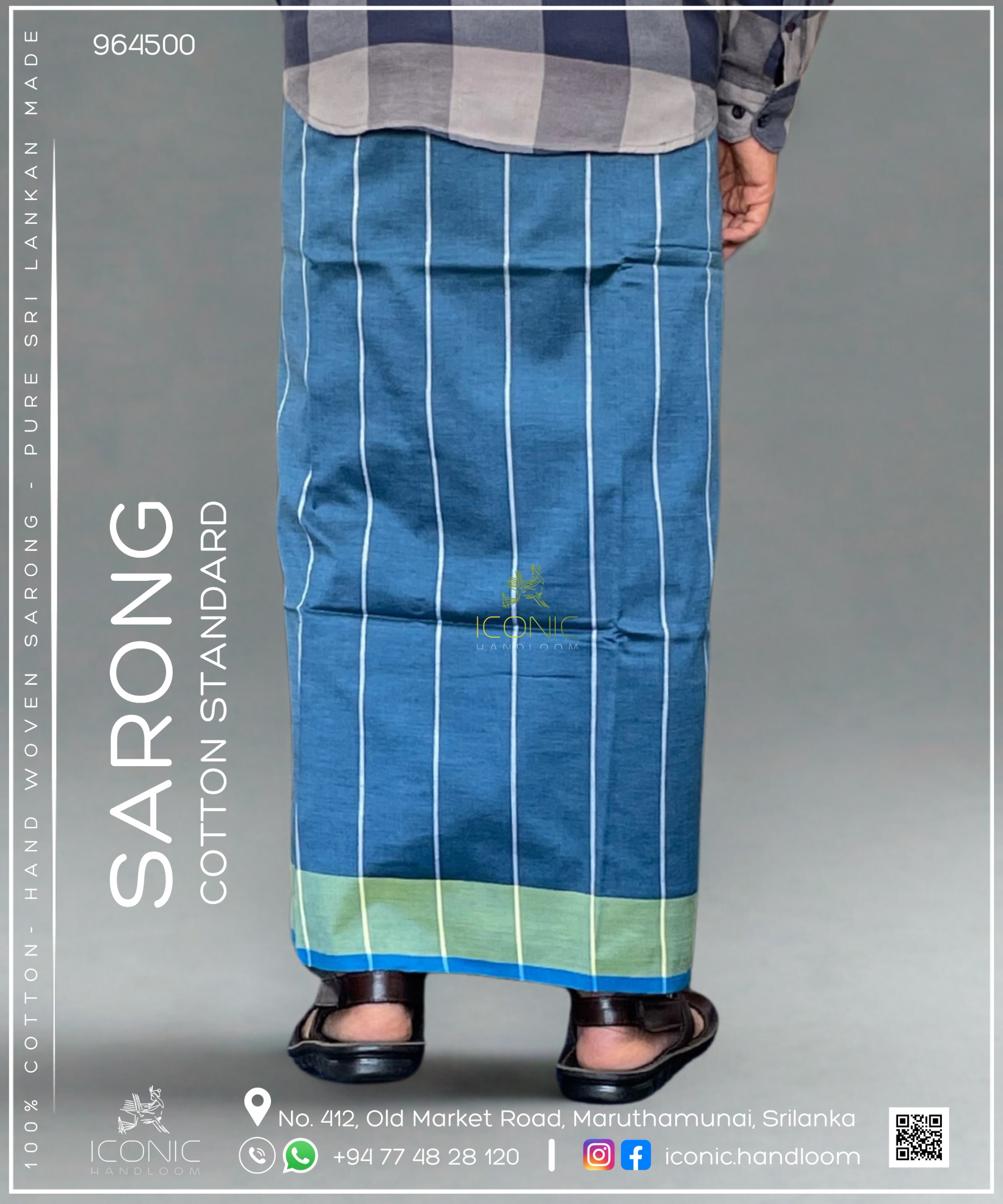 Handloom Cotton Sarong - Silver & Dark Coffee Brown with Lime Yellow & Teal Blue 964500