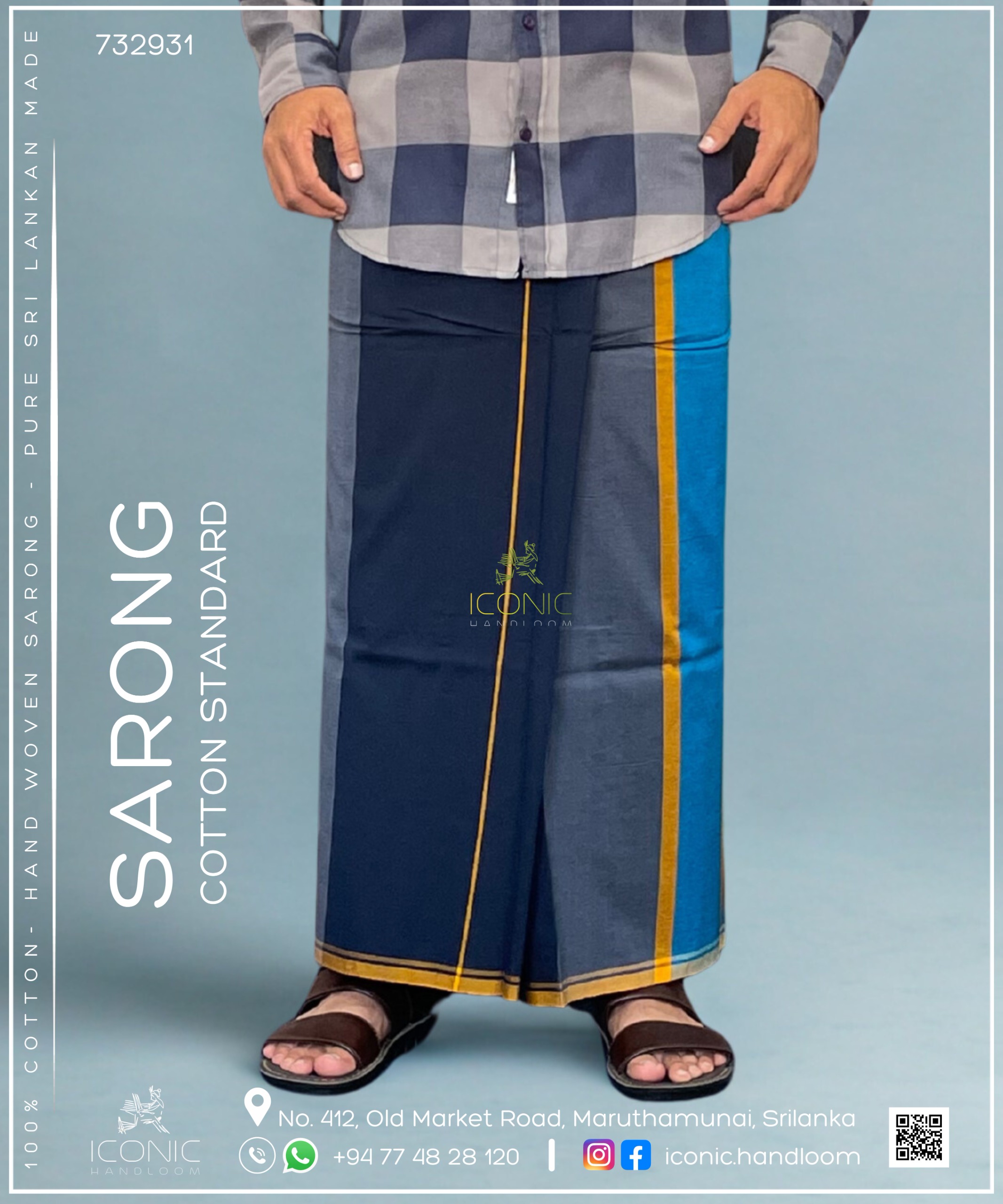 Handloom Cotton Sarong - Grey, Peacock Blue, Dark Blue, Silver and Golden Yellow 732931