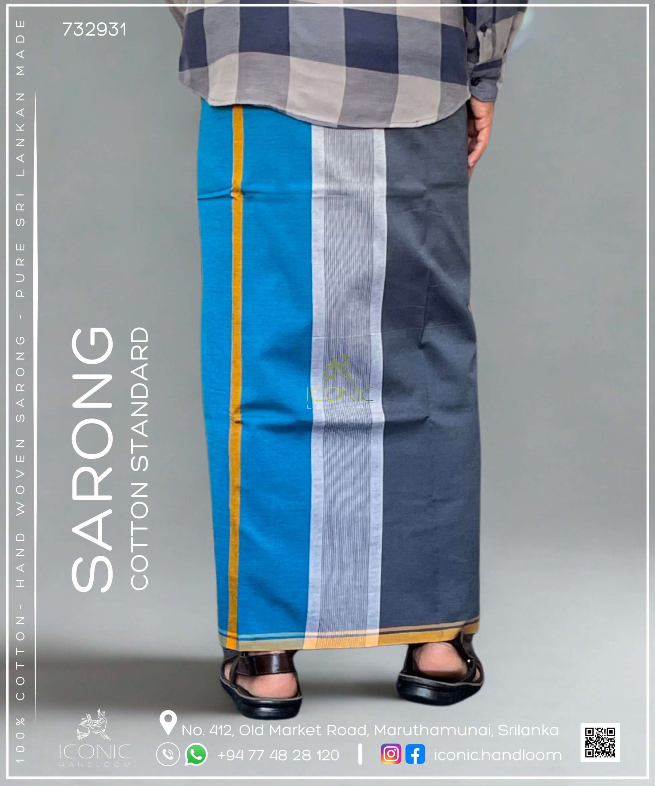 Handloom Cotton Sarong - Grey, Peacock Blue, Dark Blue, Silver and Golden Yellow 732931