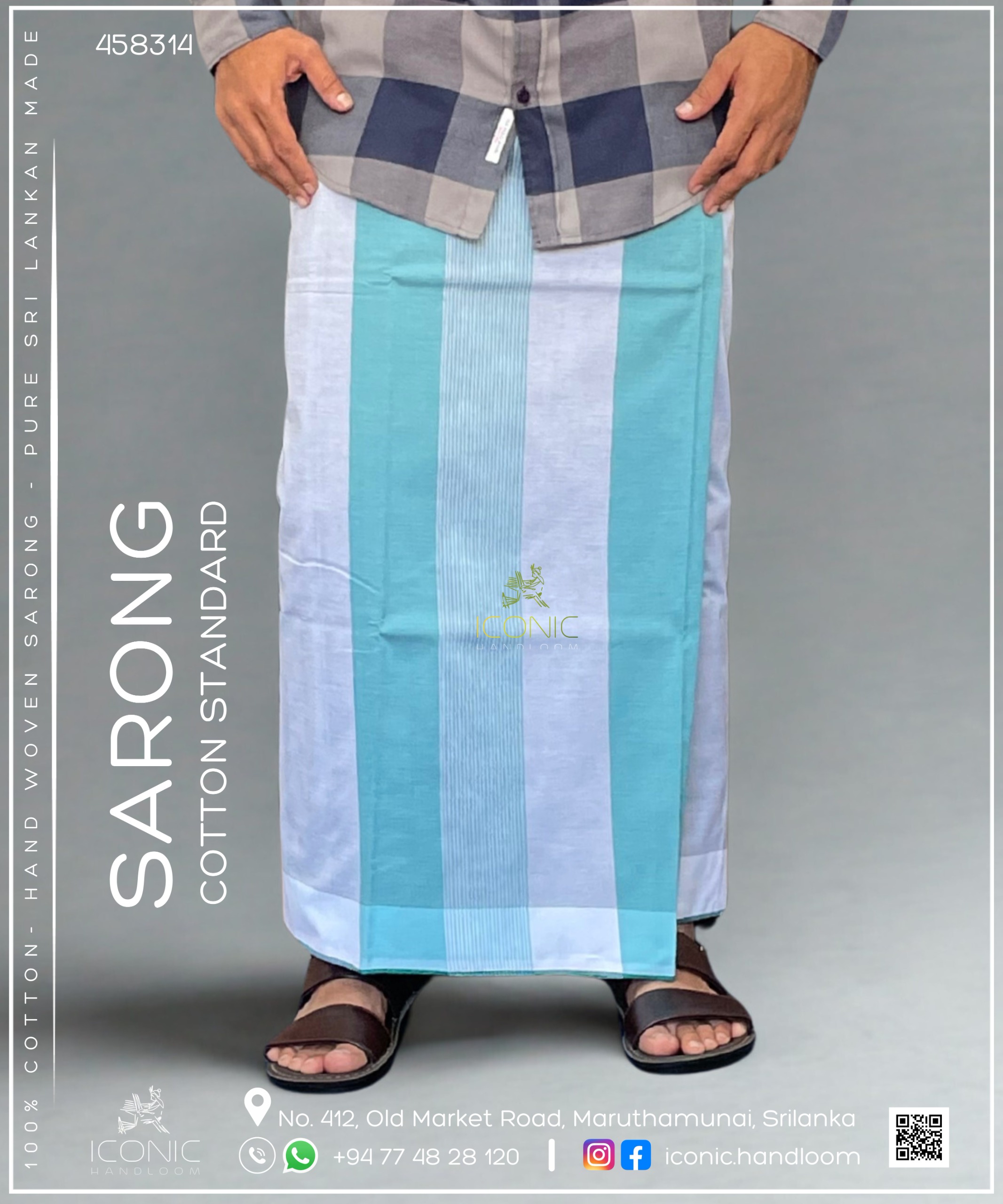 Handloom Cotton Sarong - Cyan, Light Grey & White with Teal Bottom Border 458314