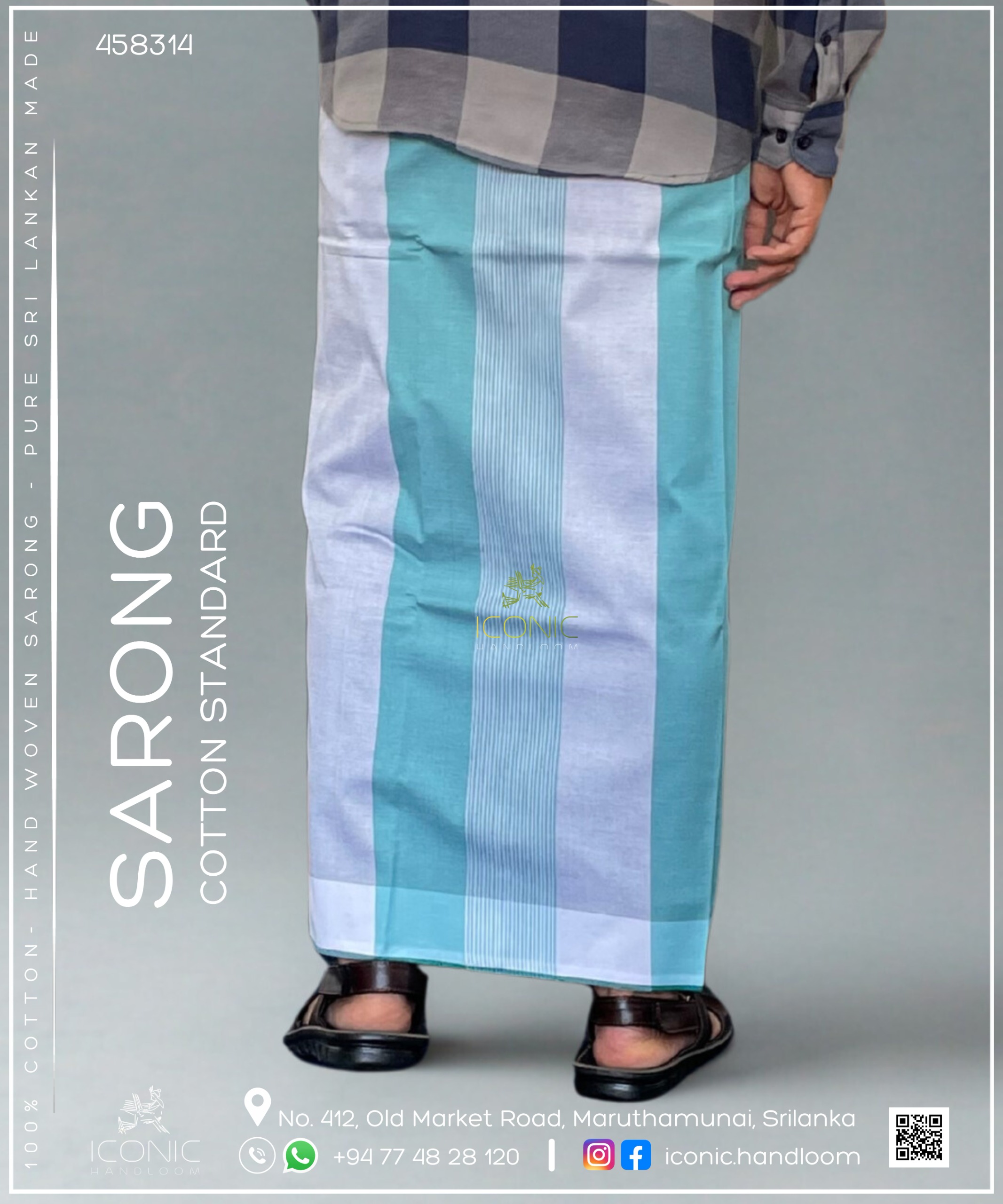 Handloom Cotton Sarong - Cyan, Light Grey & White with Teal Bottom Border 458314