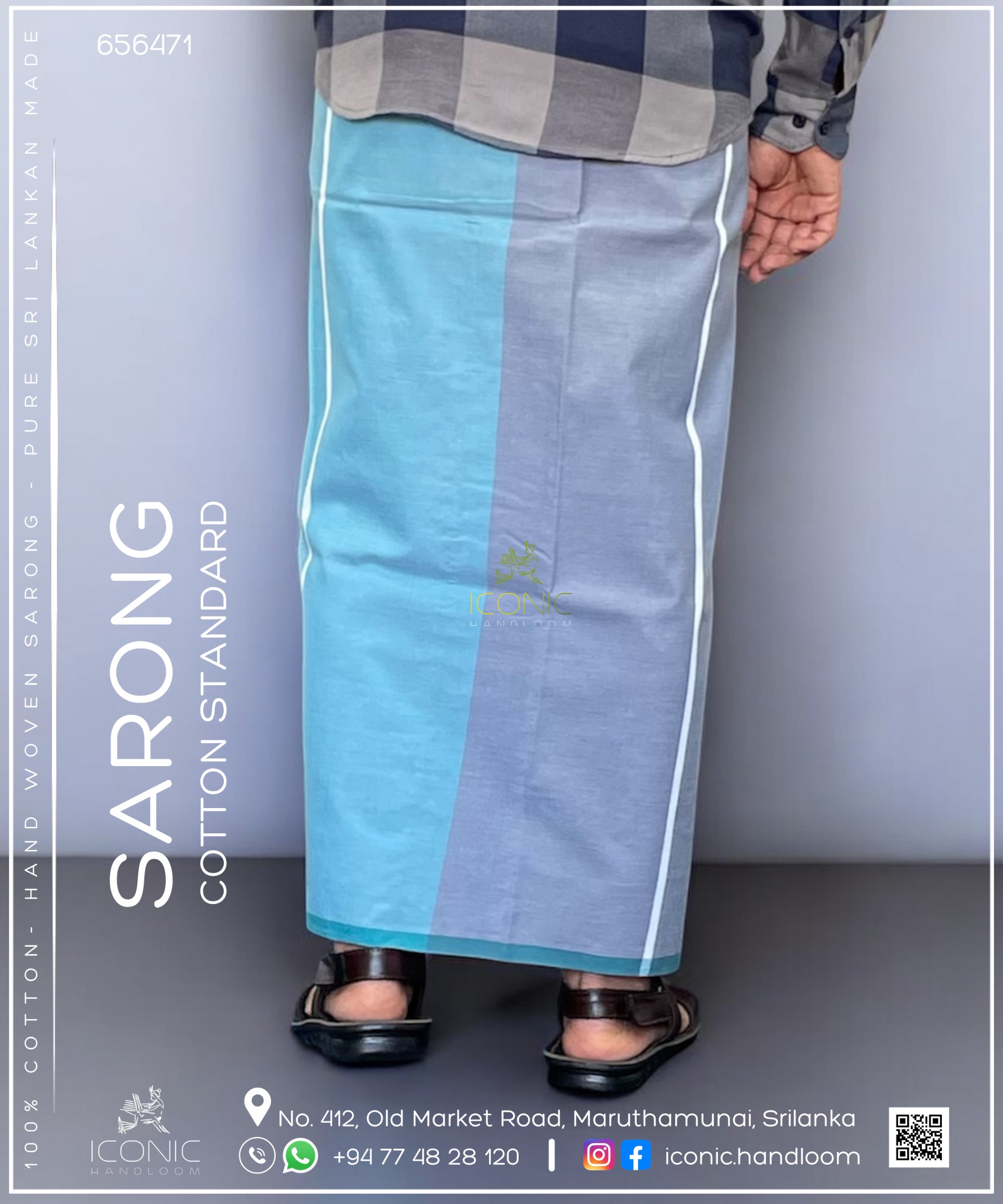 Handloom Cotton Sarong - White stripes in Cyan, Grey & Beige with Cyan bottom border