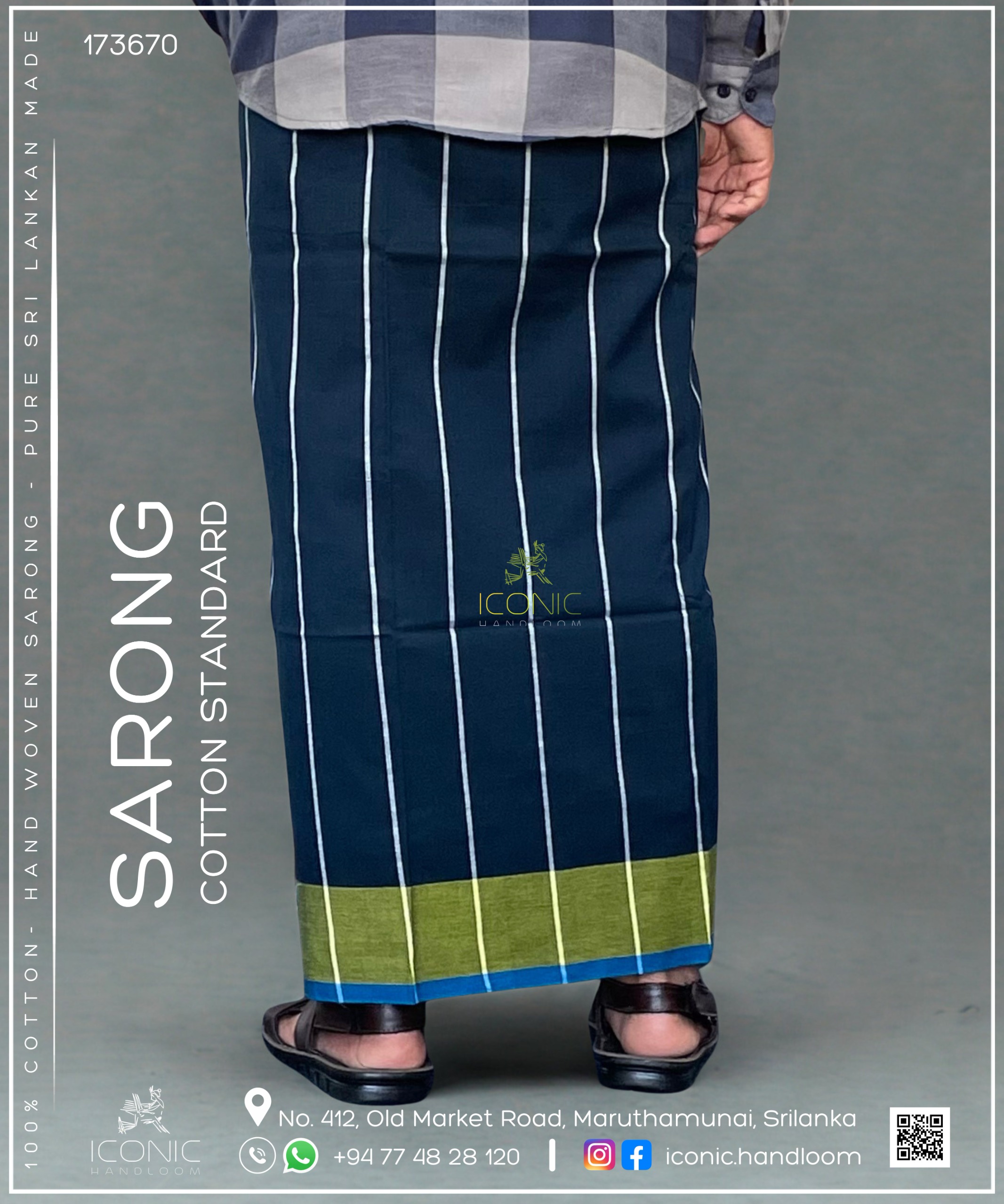 Handloom Cotton Sarong - Silver stripes in Bluish Green with Lime Yellow & Teal Blue 173670