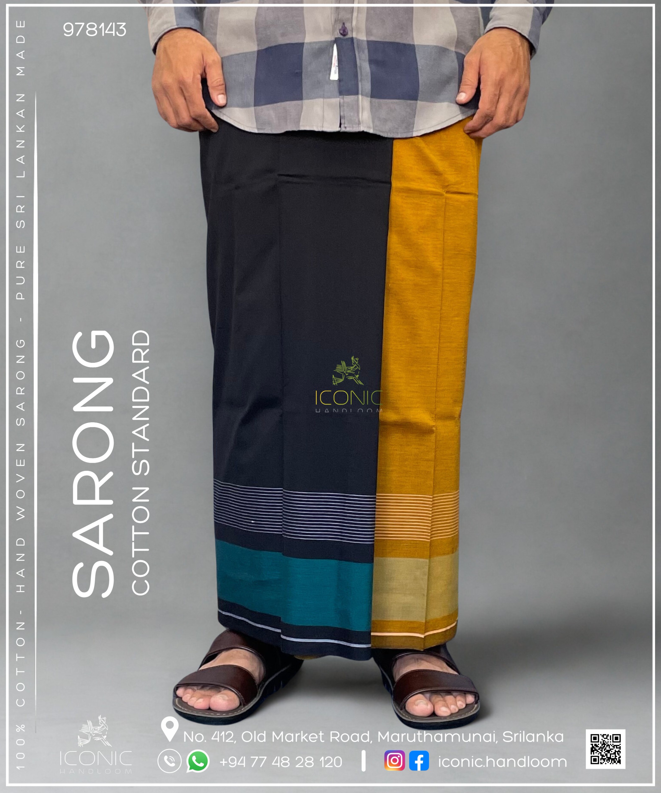 Handloom Cotton Sarong - Black, Golden Yellow, Peacock Blue, Silver & Teal Blue 978143