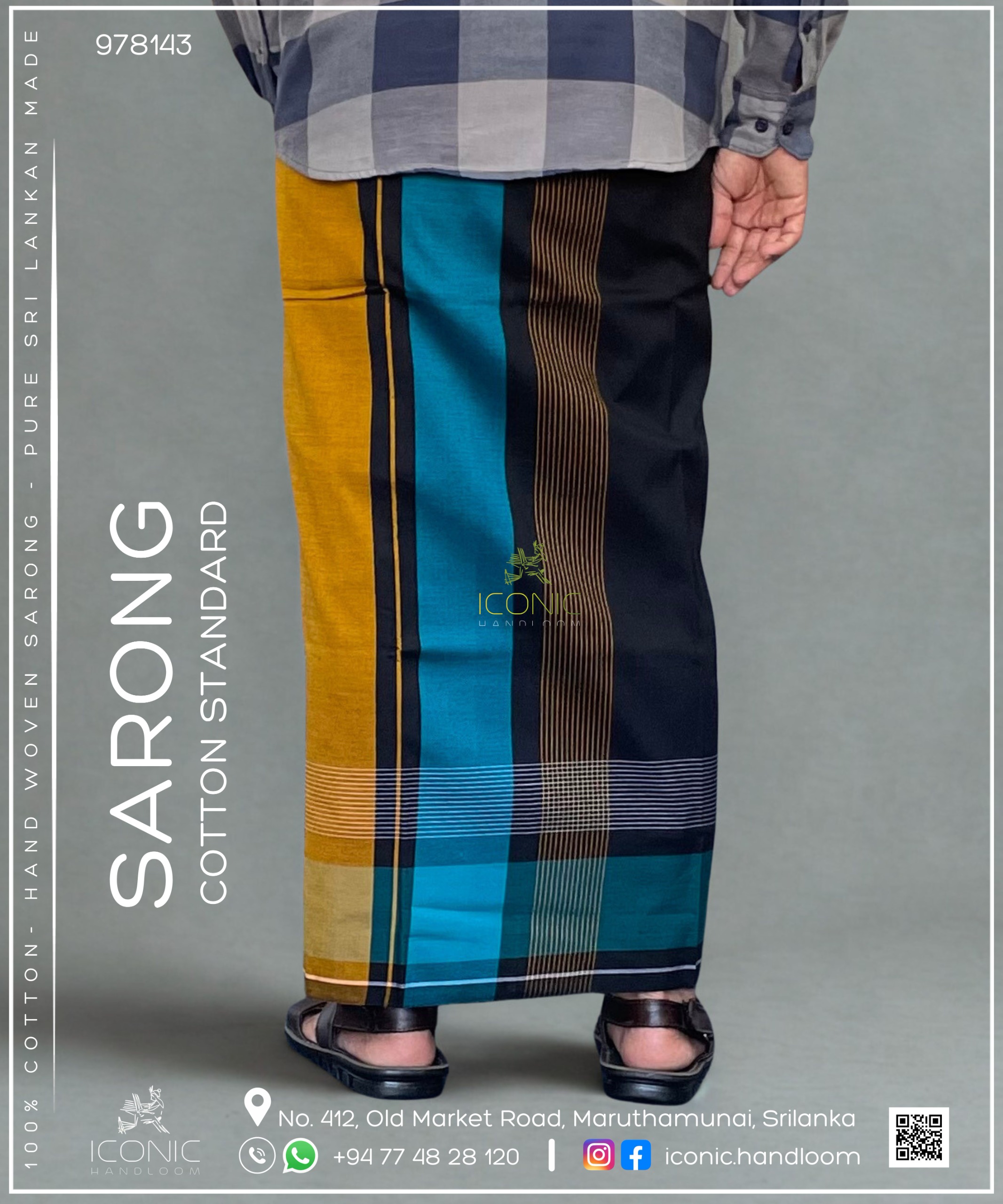 Handloom Cotton Sarong - Black, Golden Yellow, Peacock Blue, Silver & Teal Blue 978143