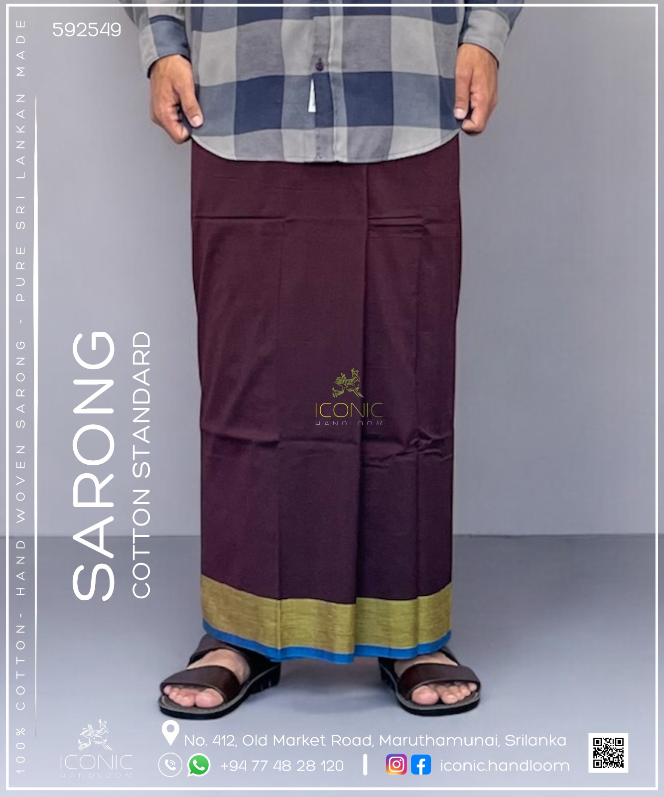 Handloom Cotton Sarong - Burgundy with Lime Yellow & Teal Blue 592549