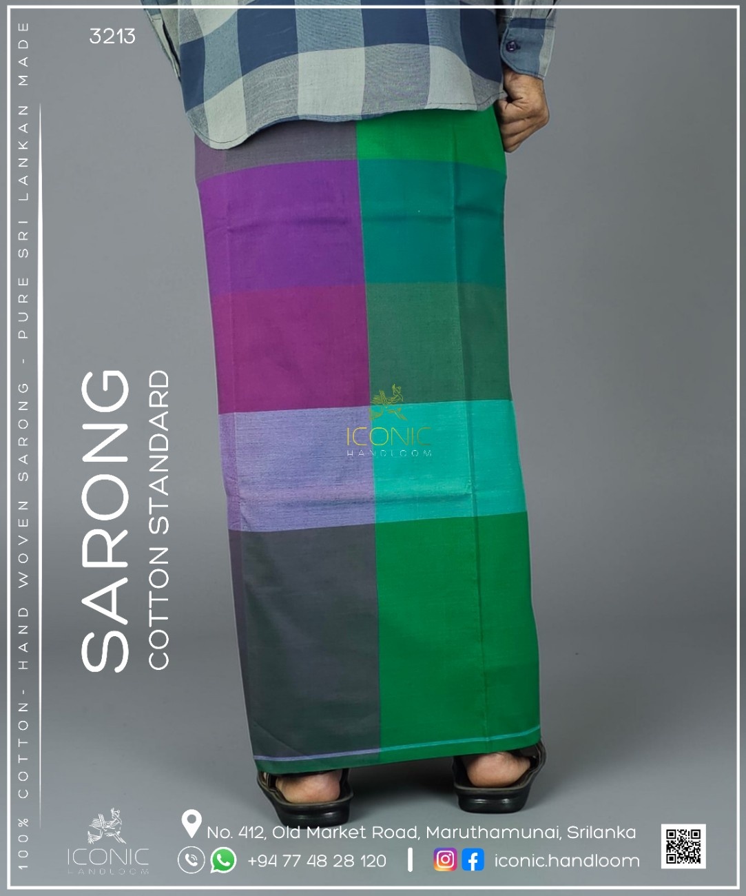 Handloom Cotton Sarong -  Deep purple, Emerald green, Turquoise Blue, Sky Blue & Dark Navy Blue in check patterns 3213