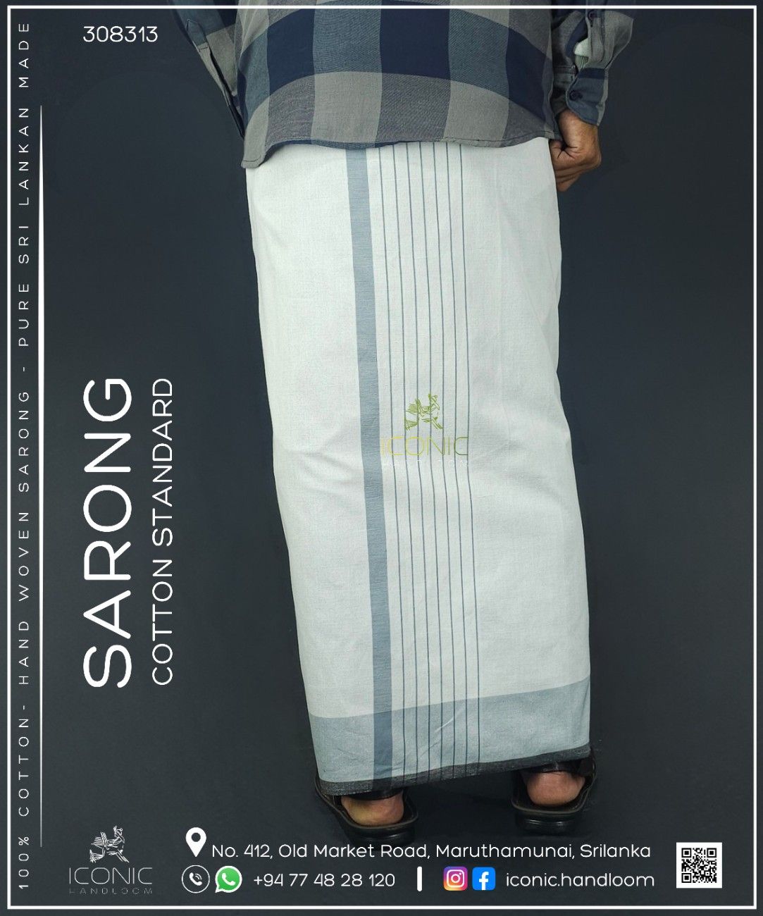 Handloom Cotton Sarong - White with Grey Stripes - ICS 308313