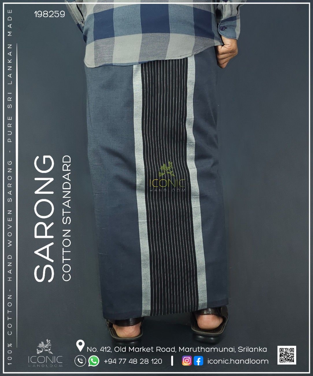 Handloom Cotton Sarong - Dark Grey with Black and Silver Stripes - ICS 198259