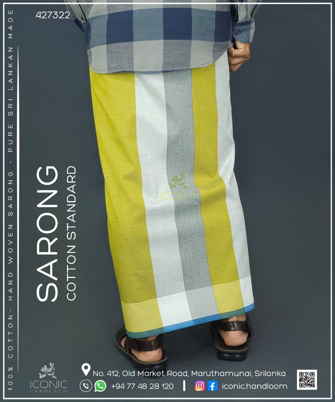 Handloom Cotton Sarong - Citron Yellow, Light Grey and Charcoal Grey with Teal - ICS 427322