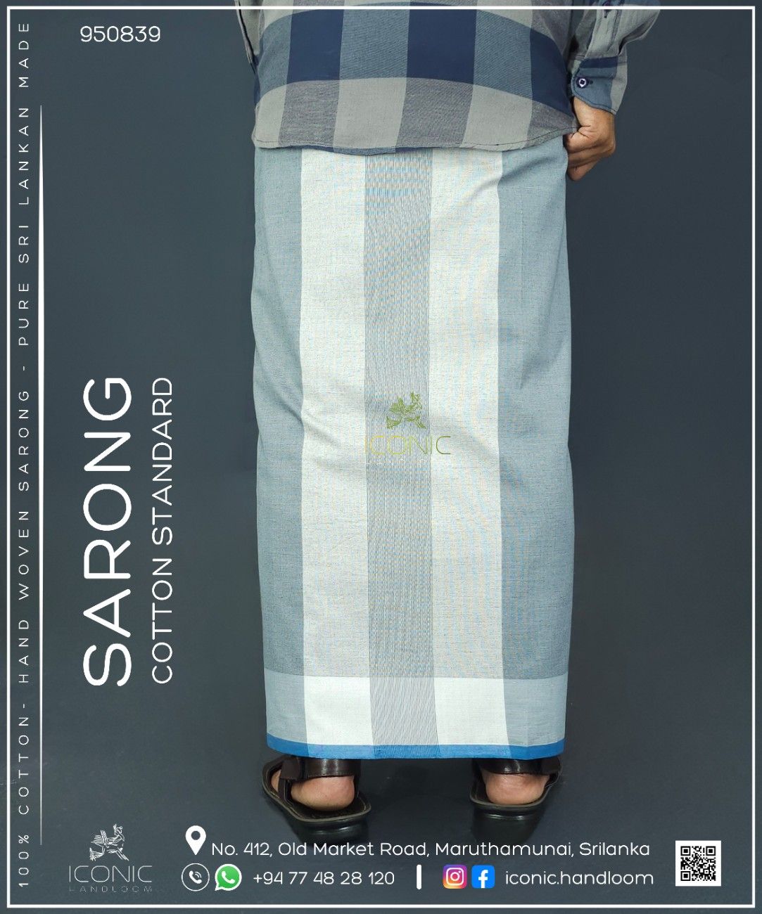 Handloom Cotton Sarong -Charcoal Grey and Slate with Teal - ICS 950839