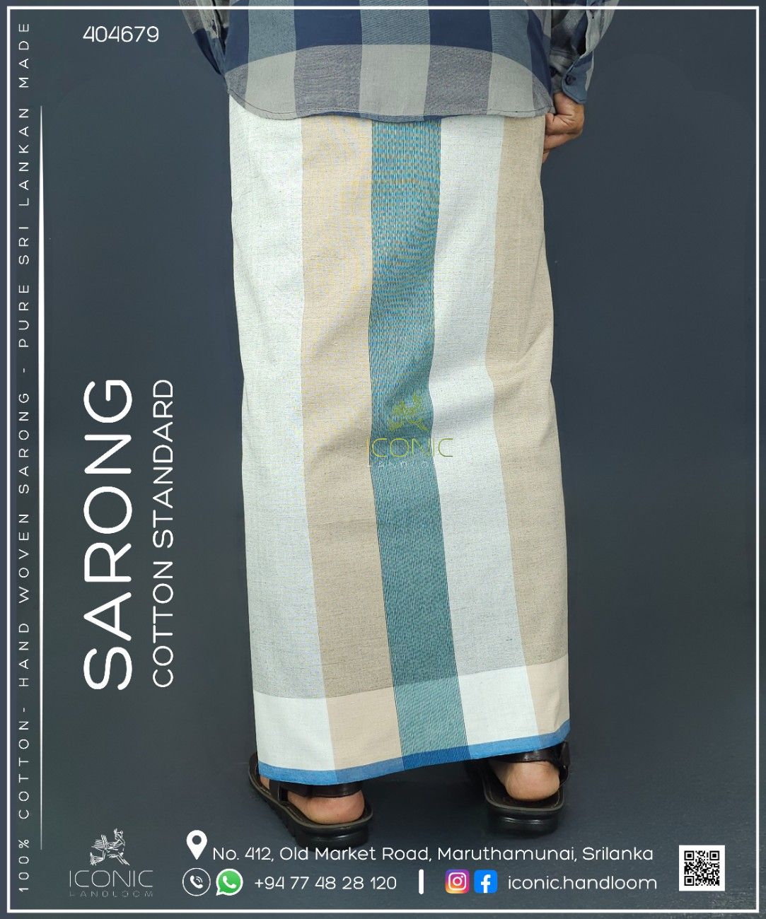 Handloom Cotton Sarong -Charcoal Grey and Beige with Cyan - ICS 404679