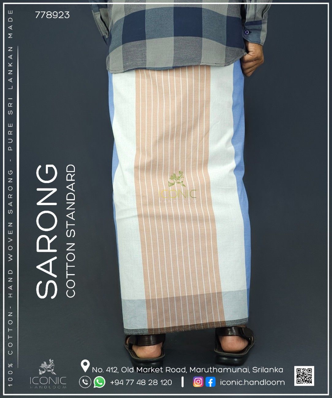 Handloom Cotton Sarong - Sky Blue and White with Peach Pink - ICS 778923