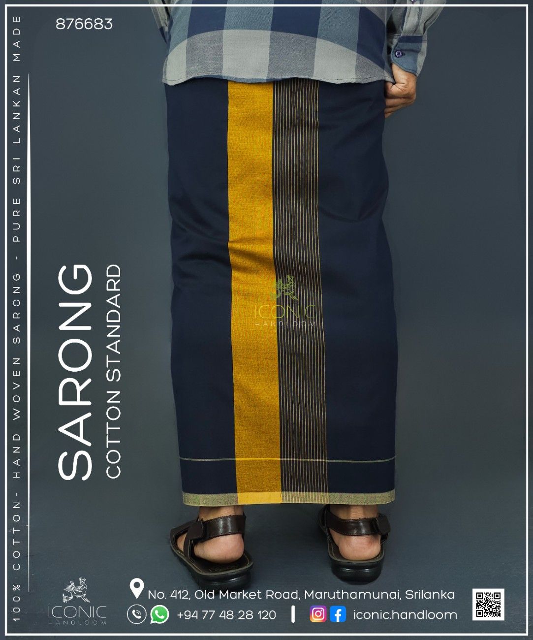 Handloom Cotton Sarong -Dark Navy Blue and Golden Yellow Stripes with Cream - ICS 876683