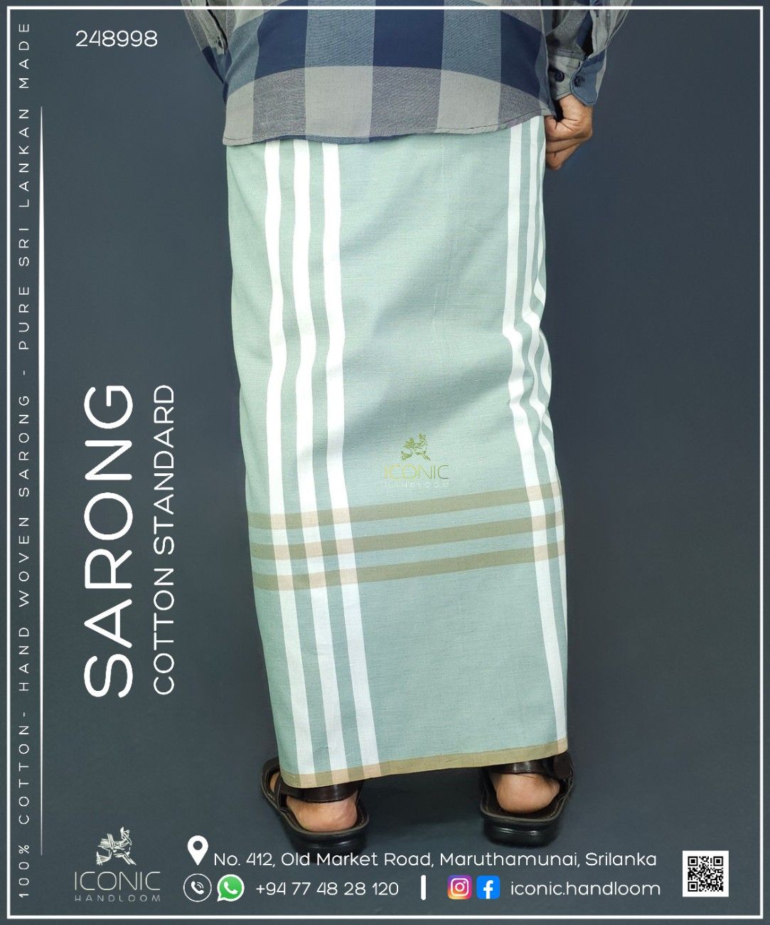 Handloom Cotton Sarong - Light Sage Green with White and Beige Stripes- ICS 248998