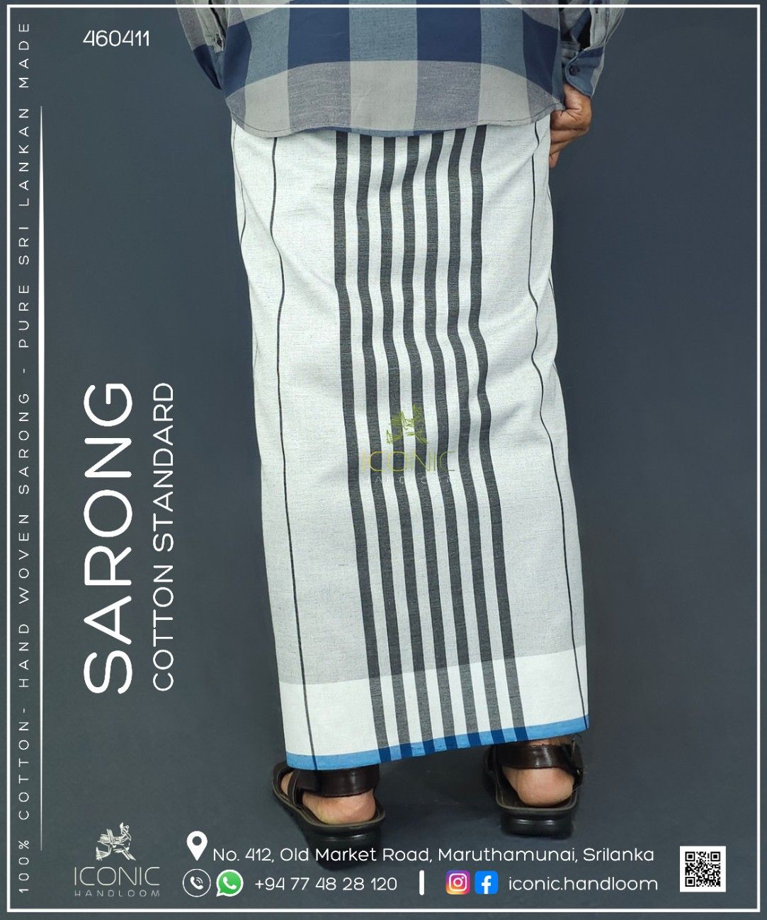 Handloom Cotton Sarong - Light Green, Charcoal Grey and Black Stripes with Teal- ICS 460411