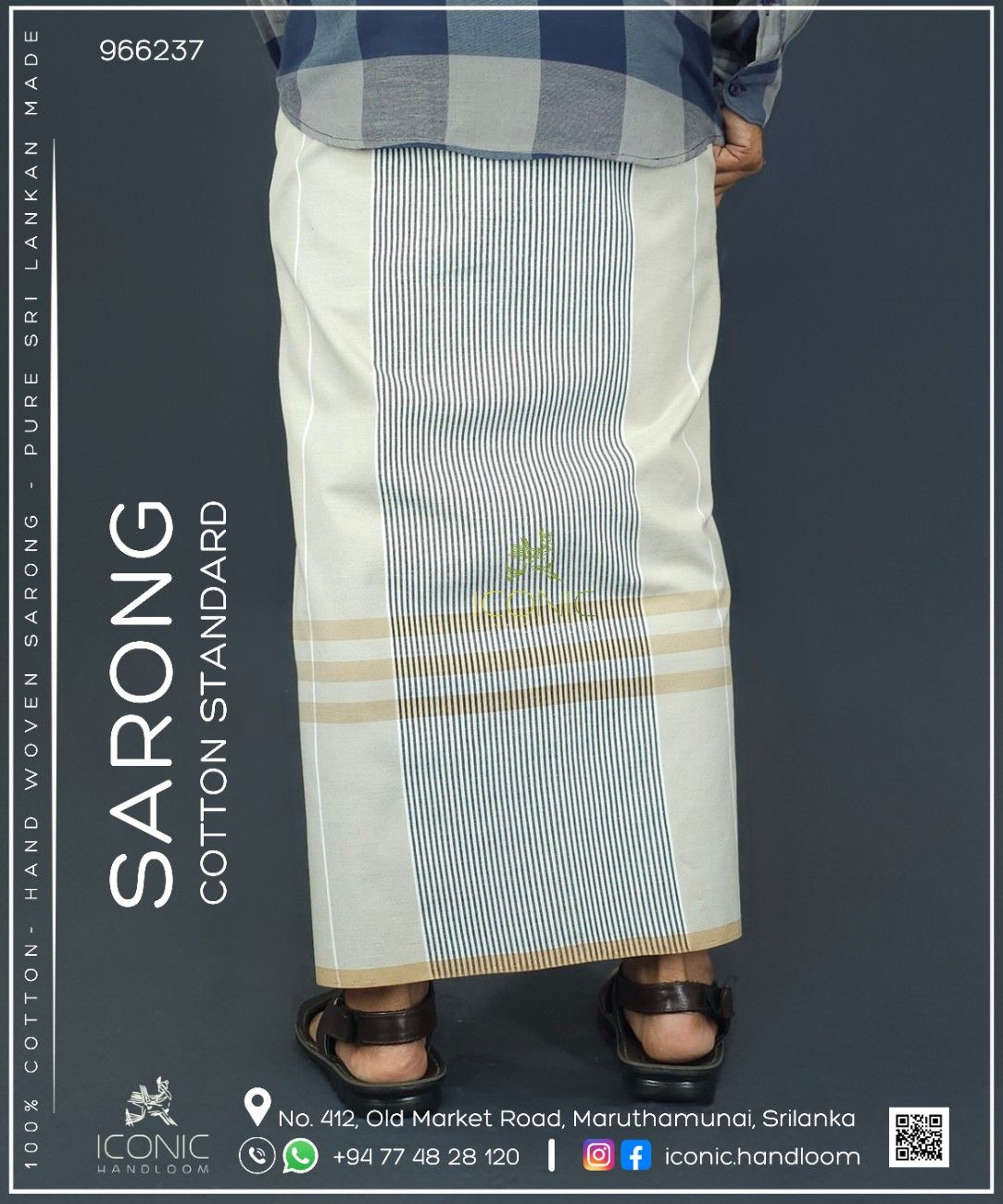 Handloom Cotton Sarong - Cream,Light Green, Charcoal Grey and White with Beige - ICS 966237
