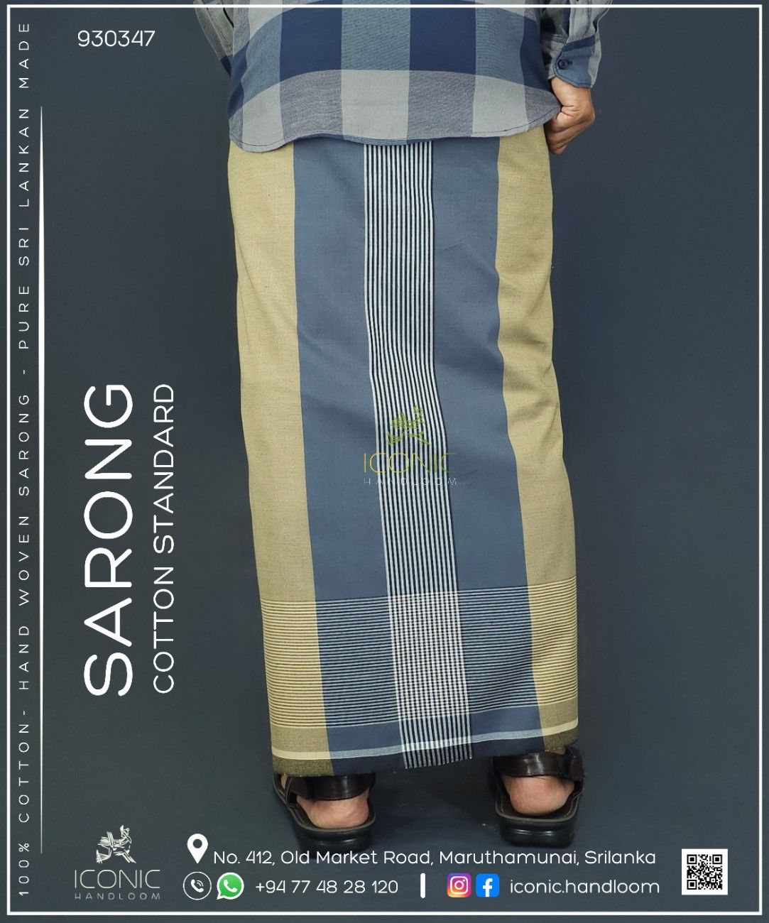 Handloom Cotton Sarong - Beige, Dark Grey and Black with Horizontal Stripes Bottom Border - ICS 930347