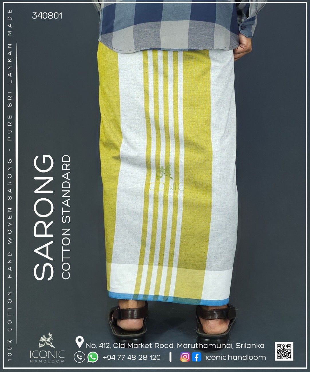 Handloom Cotton Sarong - Citron Yellow and Charcoal Grey with Teal- ICS 340801