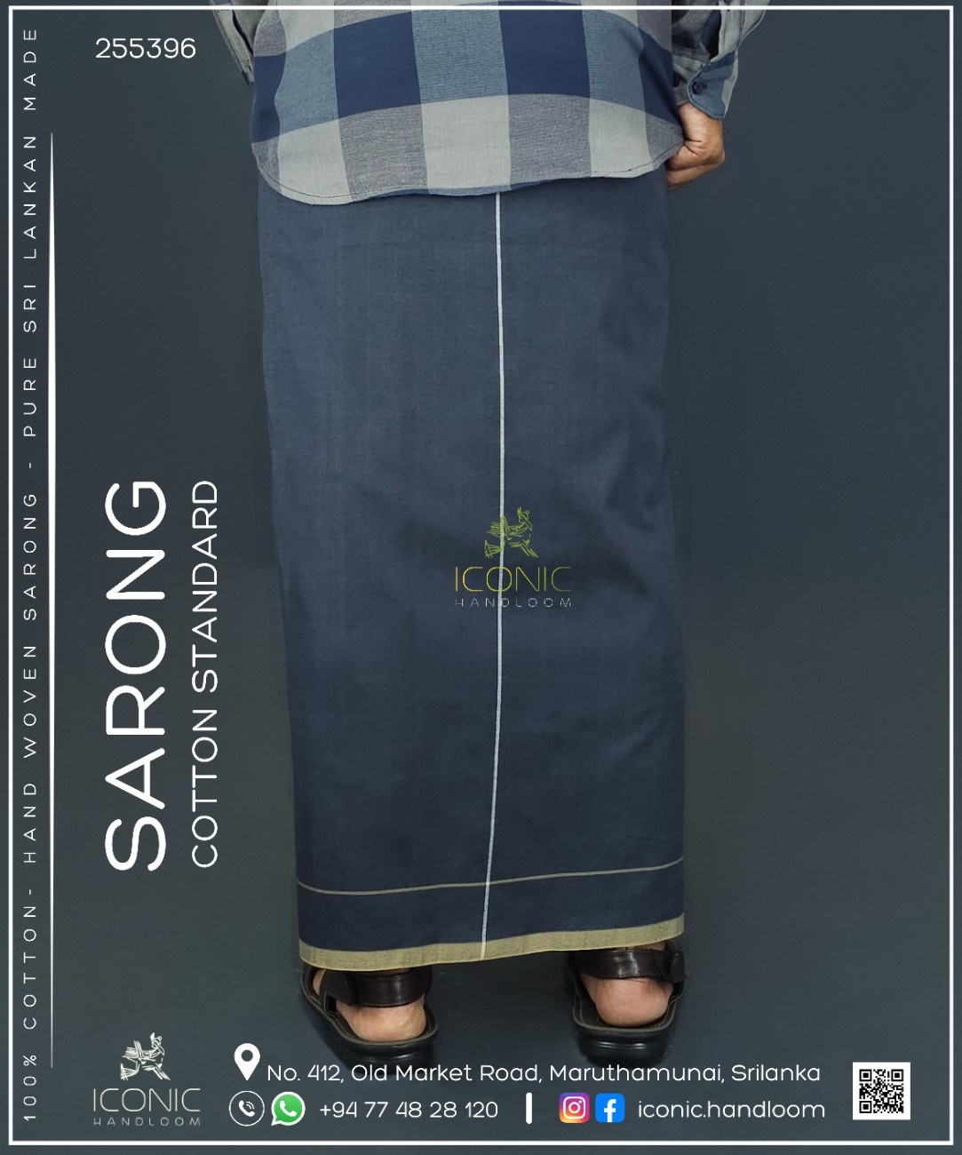 Handloom Cotton Sarong -Dark Grey and Silver Stripes with Beige Bottom Border - ICS 255396