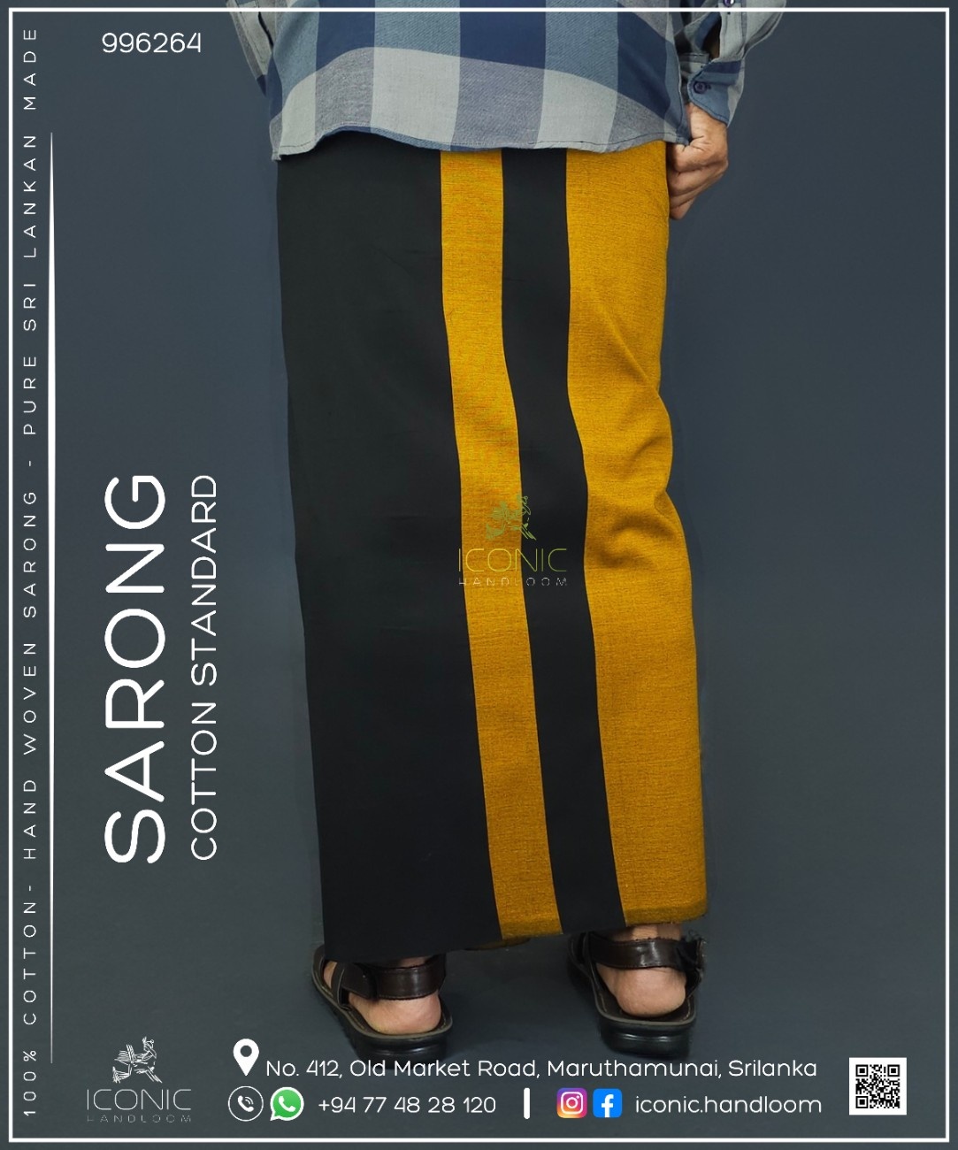 Handloom Cotton Sarong - Black and Golden Yellow  -  ICS 996264