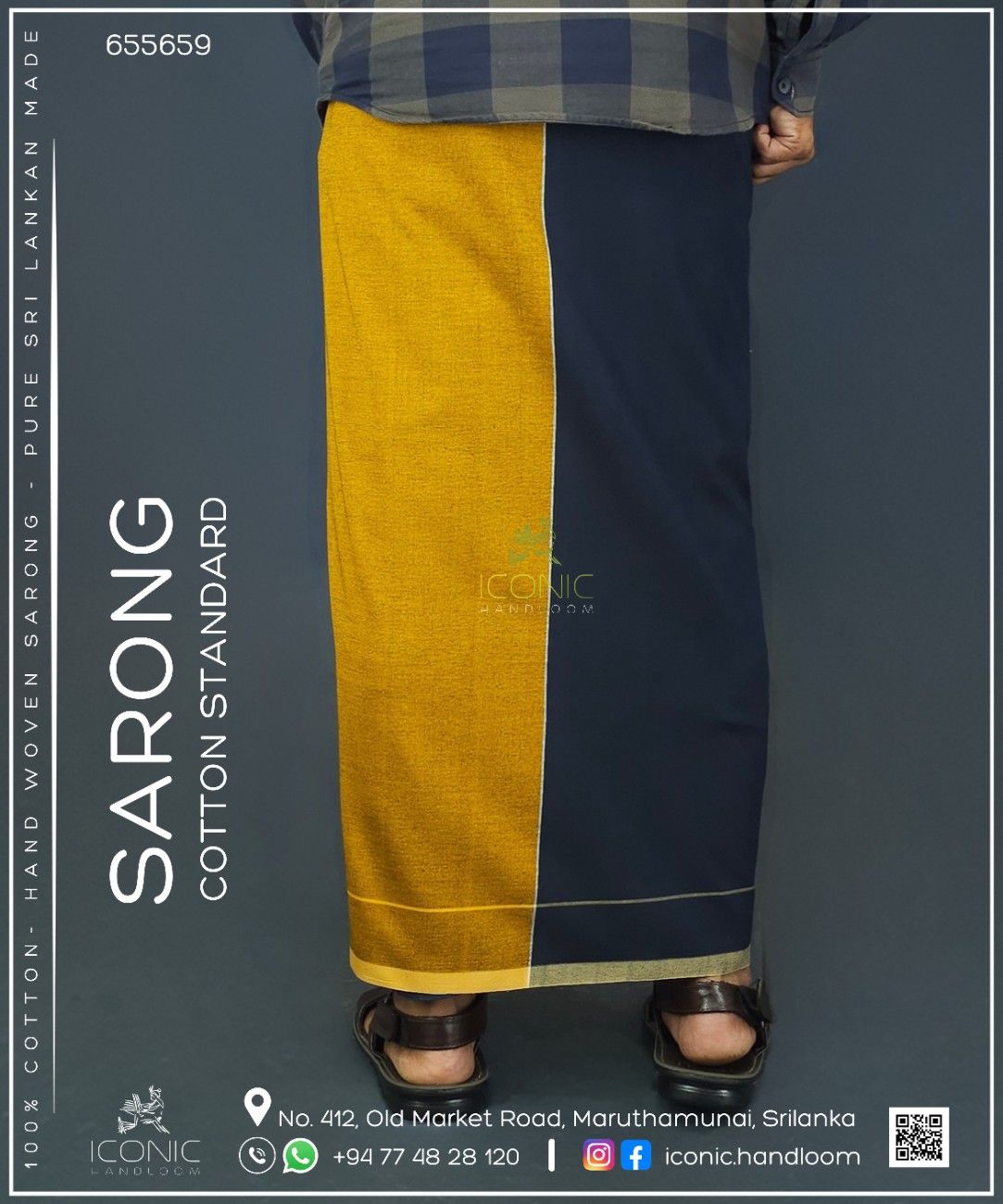 Handloom Cotton Sarong - Dark Navy Blue and Golden Yellow with Beige Bottom Border  -   ICS 655659