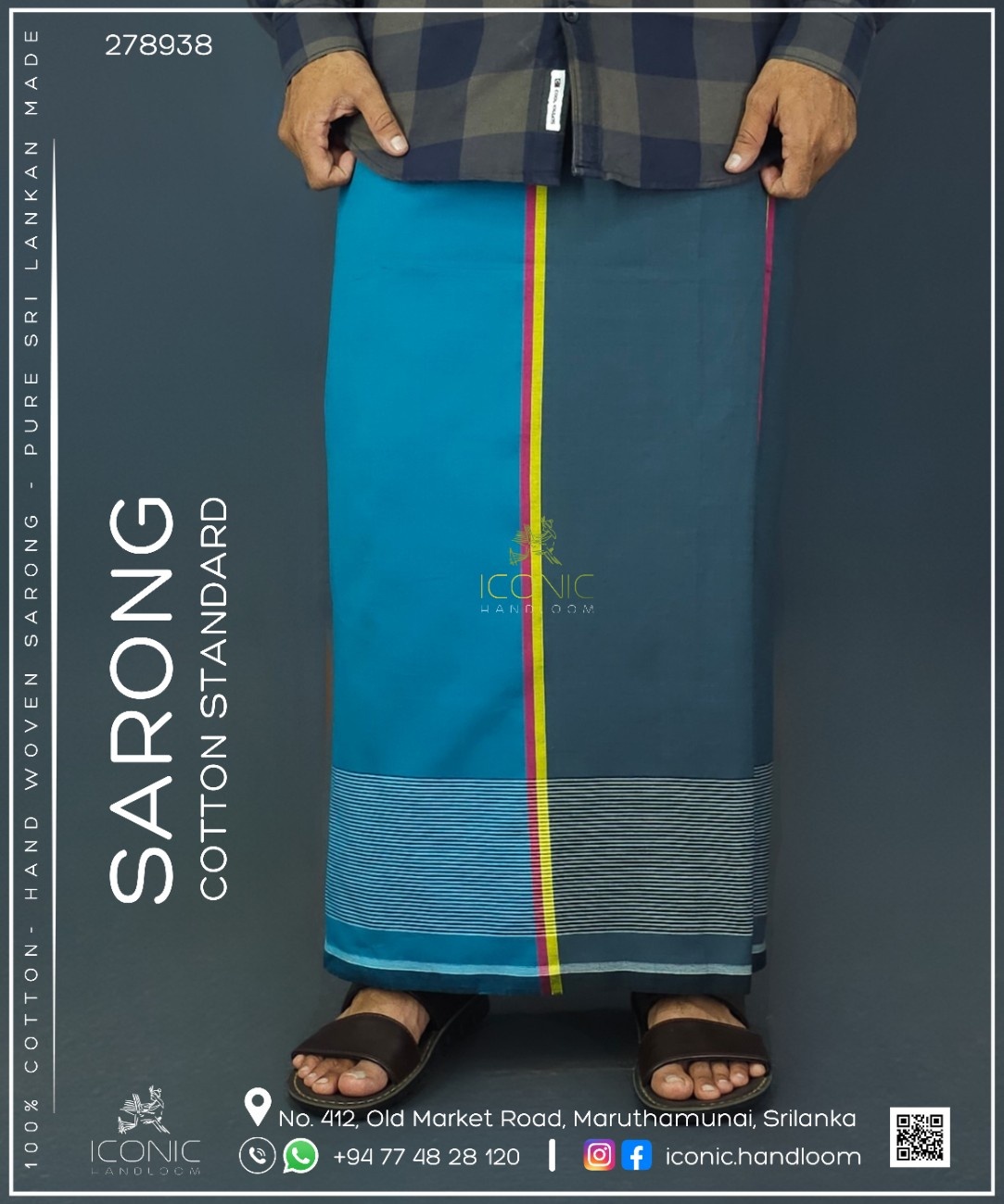Handloom Cotton Sarong - Teal Blue, Lemon Yellow,Steel Green and Magenta with Horizontal Stripes  -  ICS 278938