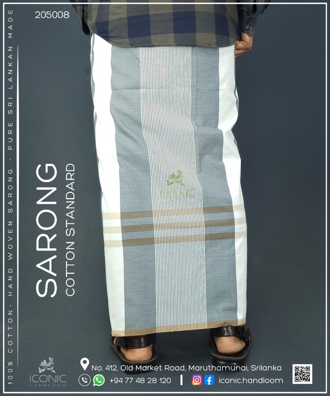 Handloom Cotton Sarong - Bright Slate Blue, White and Charcoal Grey with Beige  -   ICS 205008