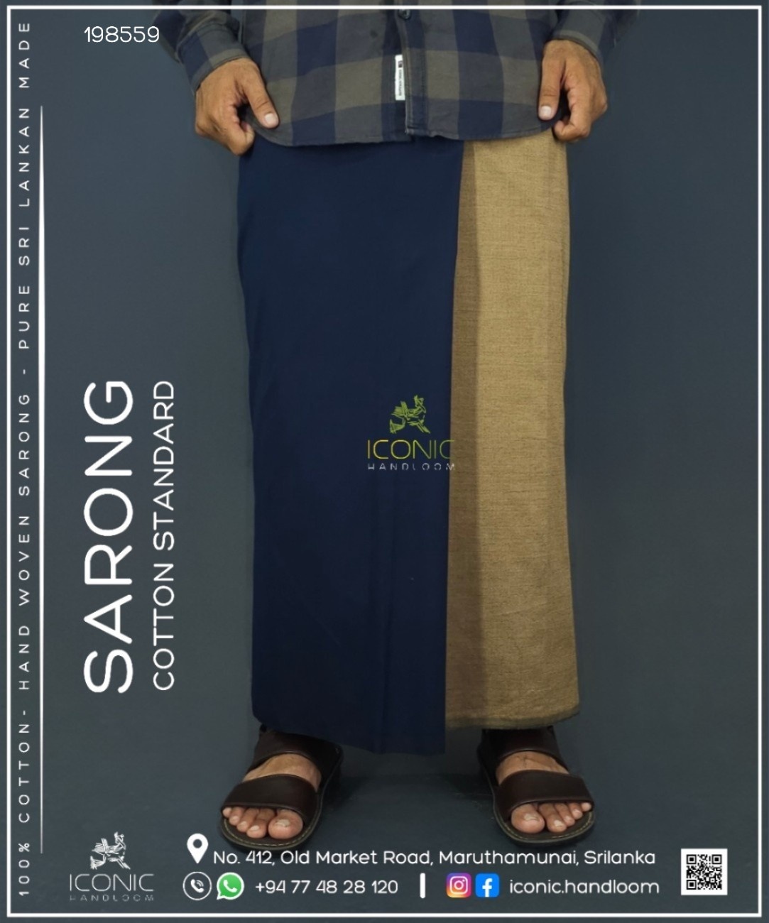 Handloom Cotton Sarong - Beige and Dark Navy Blue  -  ICS 198559