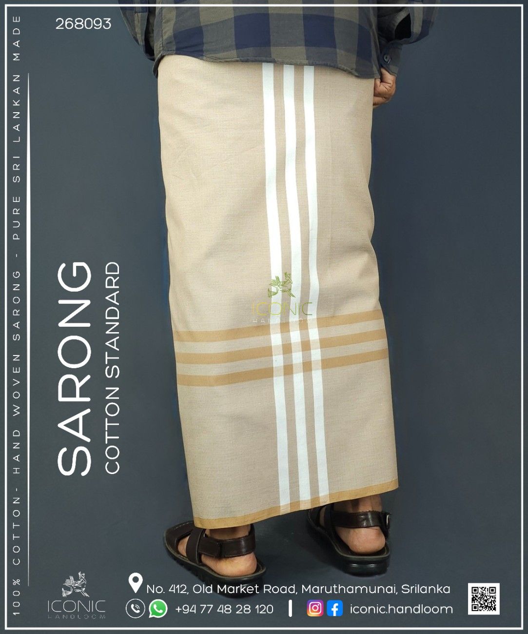 Handloom Cotton Sarong - Beige with White  -   ICS 268093